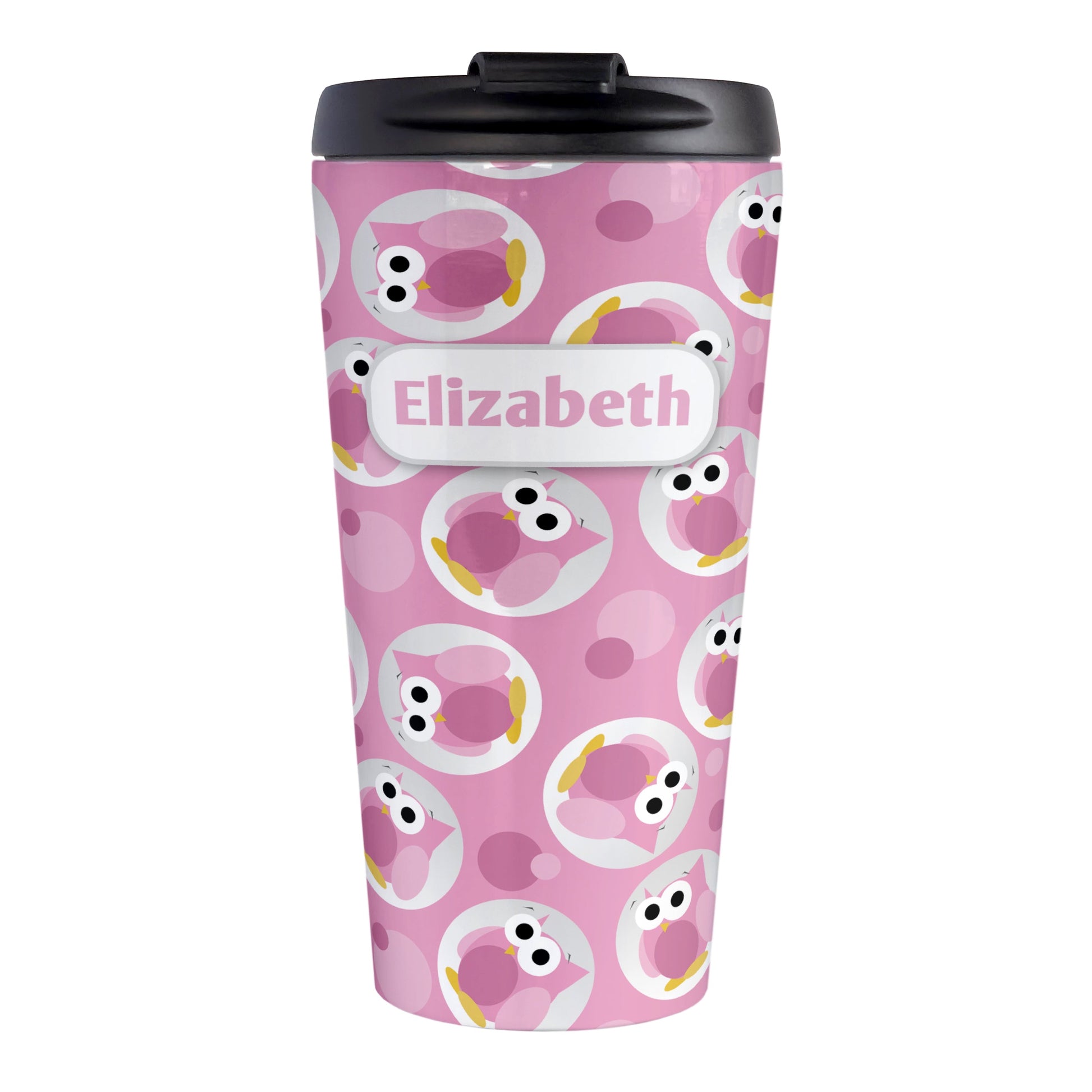 Personalized Funny Cute Pink Owl Pattern Travel Mug (15oz, stainless steel insulated) at Amy's Coffee Mugs. A travel mug designed with a pattern of funny and cute pink owls in a light gray circles scattered over a pink background color that wraps around the travel mug. Your name is printed in pink in a white rectangular frame design over owl pattern.
