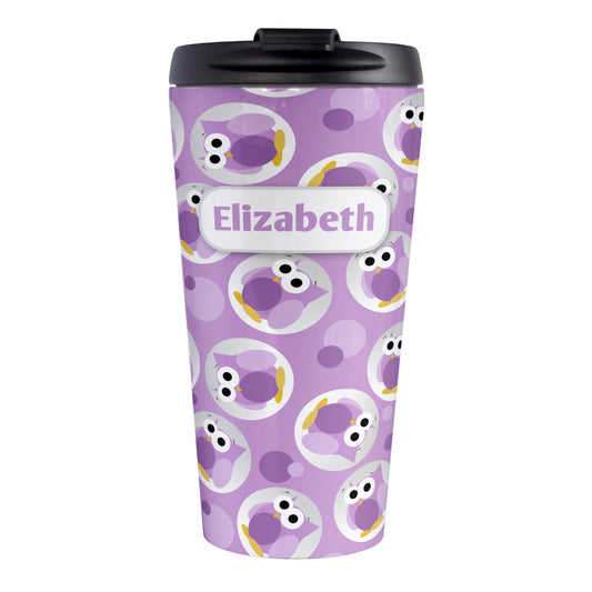 Personalized Funny Cute Purple Owl Pattern Travel Mug (15oz, stainless steel insulated) at Amy's Coffee Mugs. A travel mug designed with a pattern of funny and cute purple owls in a light gray circles scattered over a purple background color that wraps around the travel mug. Your name is printed in purple in a white rectangular frame design over the owl pattern.