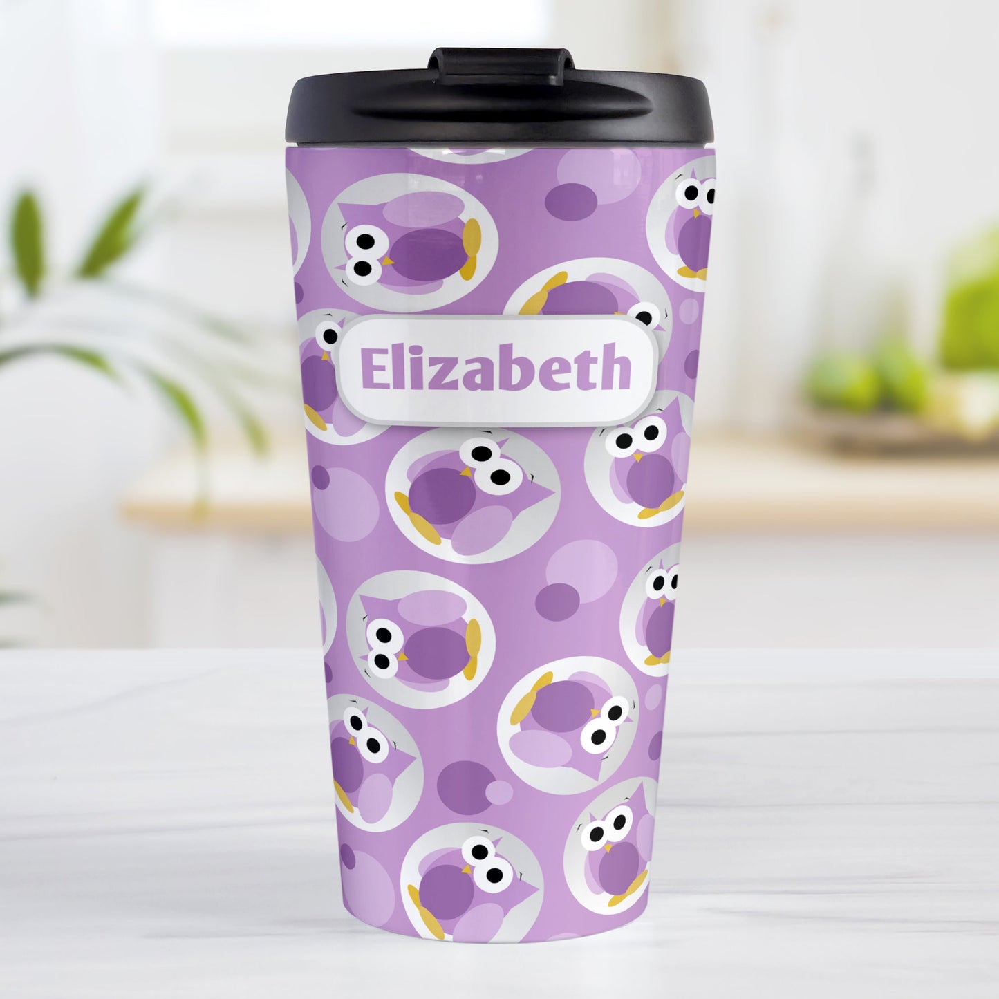 Personalized Funny Cute Purple Owl Pattern Travel Mug (15oz, stainless steel insulated) at Amy's Coffee Mugs. A travel mug designed with a pattern of funny and cute purple owls in a light gray circles scattered over a purple background color that wraps around the travel mug. Your name is printed in purple in a white rectangular frame design over the owl pattern.