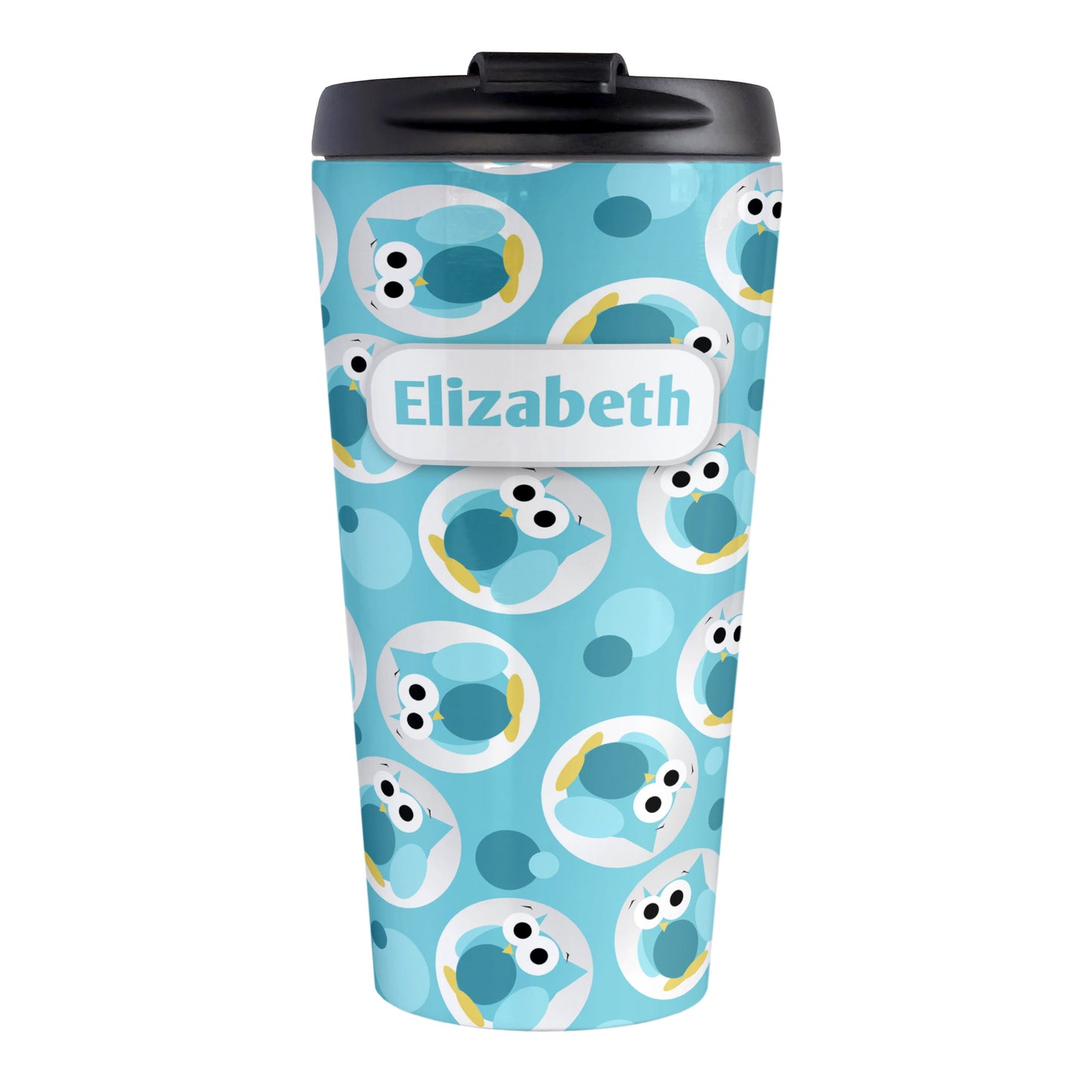 Personalized Funny Cute Turquoise Owl Pattern Travel Mug (15oz, stainless steel insulated) at Amy's Coffee Mugs. A travel mug designed with a pattern of funny and cute turquoise owls in a light gray circles scattered over a turquoise background color that wraps around the travel mug. Your name is printed in turquoise in a white rectangular frame design over the owl pattern.