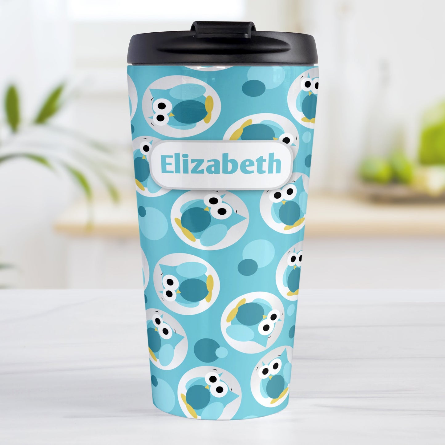 Personalized Funny Cute Turquoise Owl Pattern Travel Mug (15oz, stainless steel insulated) at Amy's Coffee Mugs. A travel mug designed with a pattern of funny and cute turquoise owls in a light gray circles scattered over a turquoise background color that wraps around the travel mug. Your name is printed in turquoise in a white rectangular frame design over the owl pattern.