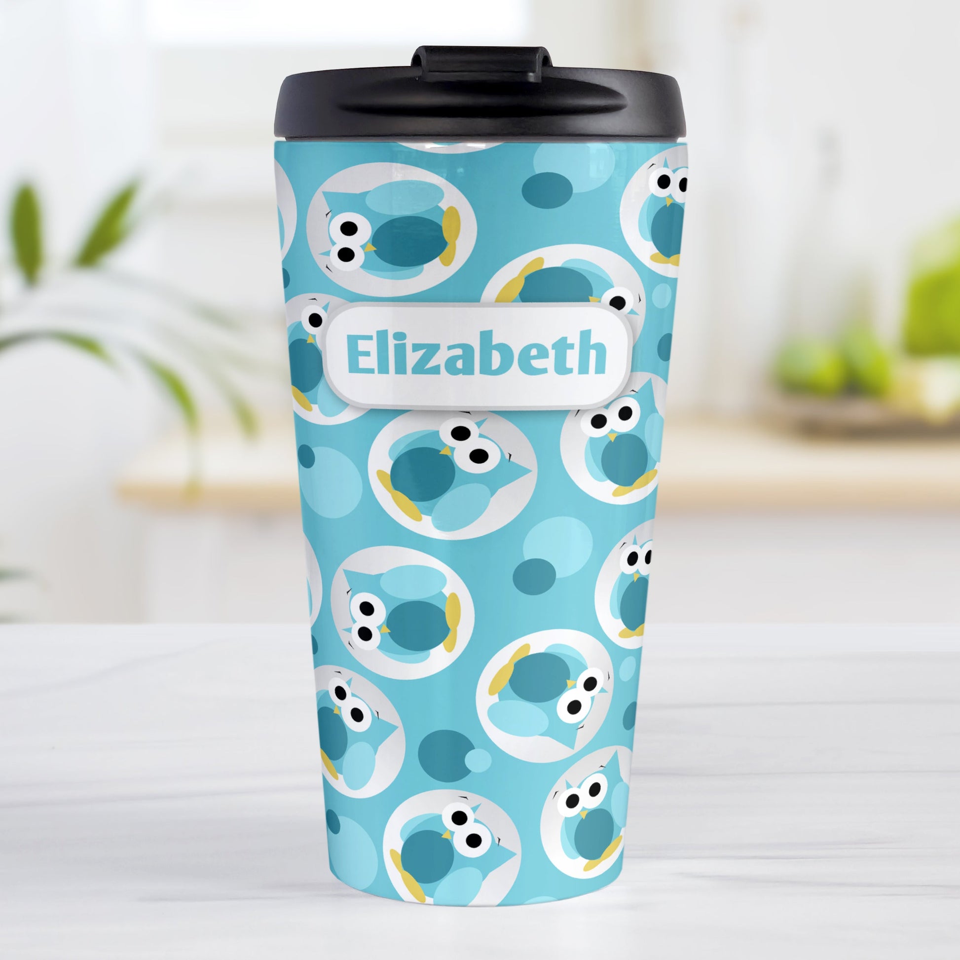 Personalized Funny Cute Turquoise Owl Pattern Travel Mug (15oz, stainless steel insulated) at Amy's Coffee Mugs. A travel mug designed with a pattern of funny and cute turquoise owls in a light gray circles scattered over a turquoise background color that wraps around the travel mug. Your name is printed in turquoise in a white rectangular frame design over the owl pattern.