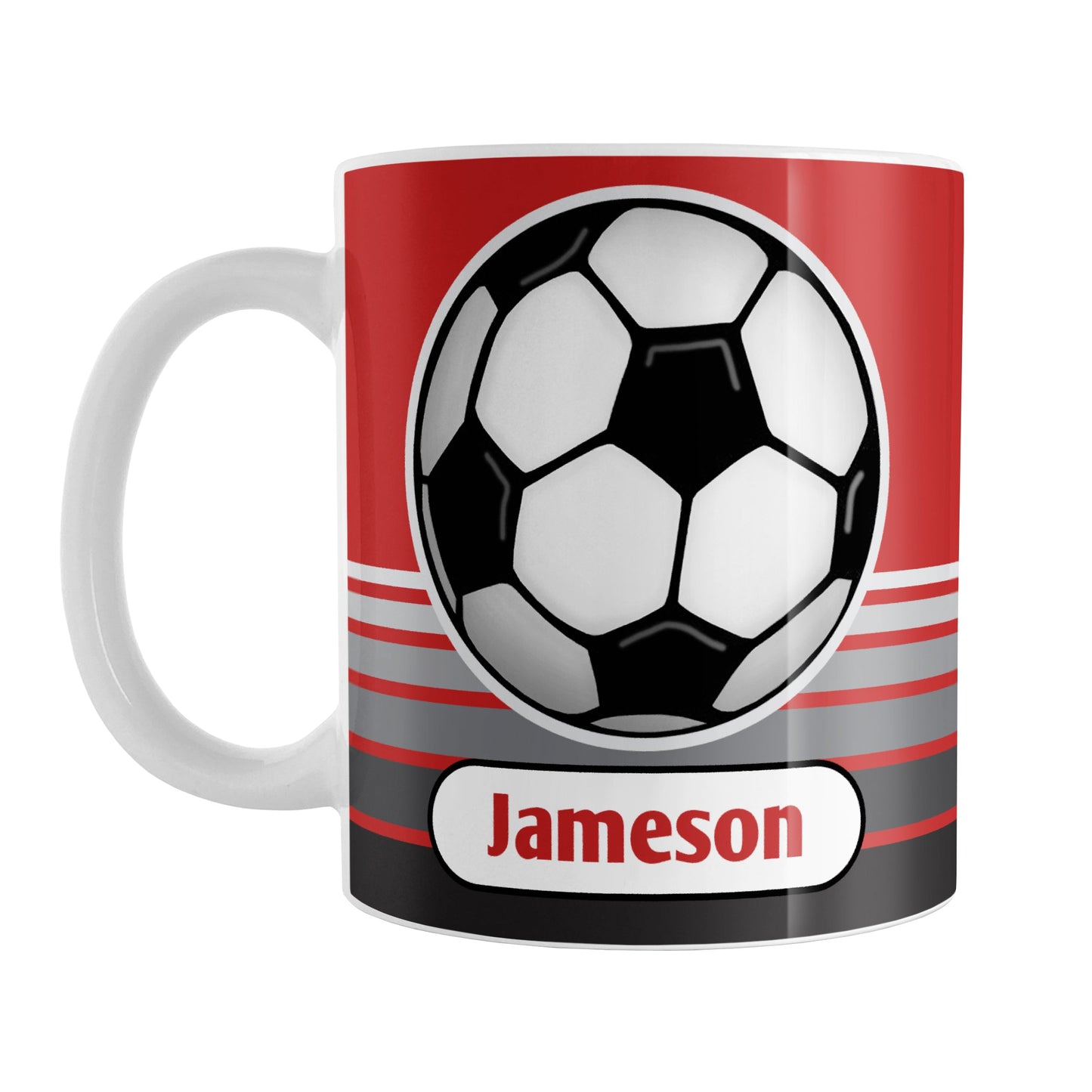 Personalized Gray Gradient Lined Red Soccer Ball Mug (11oz) at Amy's Coffee Mugs. A ceramic coffee mug designed with a big soccer ball on both sides of the mug over gradient black to gray lines along the bottom over a red background color that wraps around the mug up to the handle. Your personalized name is printed in red below the soccer ball.