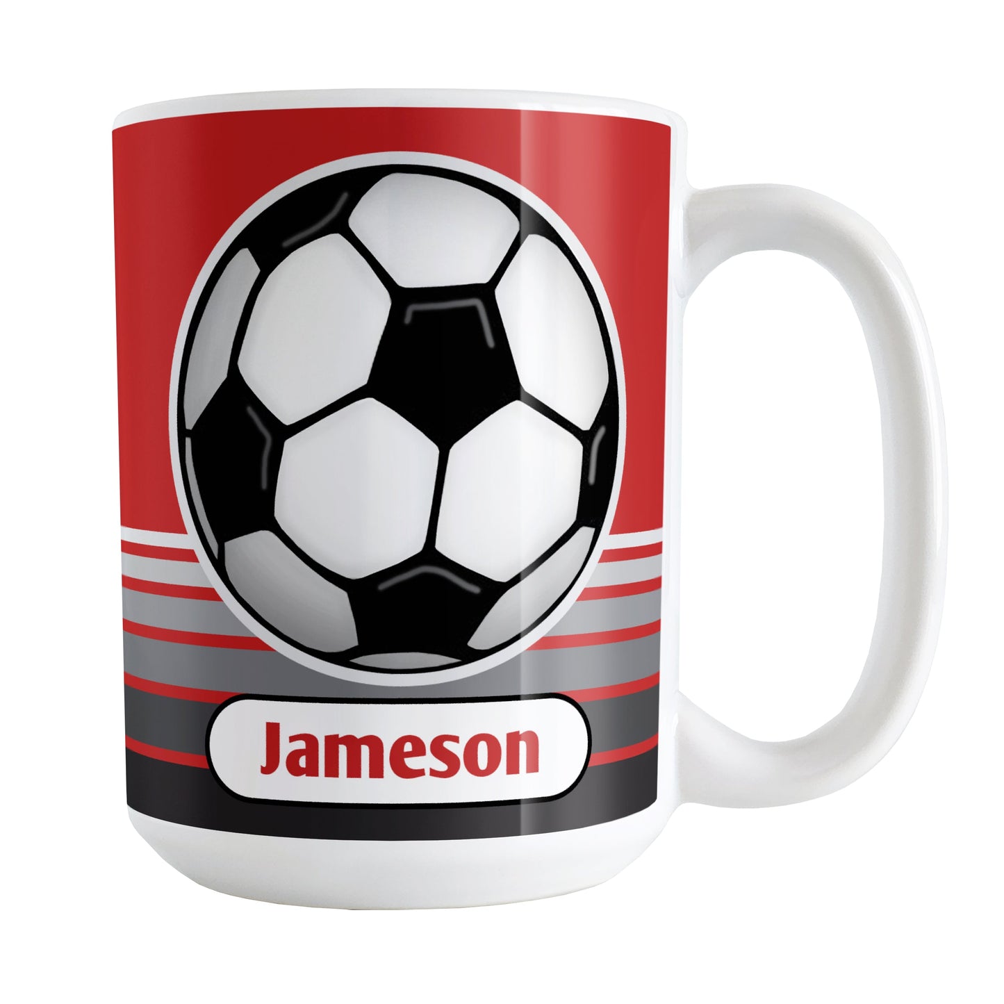 Personalized Gray Gradient Lined Red Soccer Ball Mug (15oz) at Amy's Coffee Mugs. A ceramic coffee mug designed with a big soccer ball on both sides of the mug over gradient black to gray lines along the bottom over a red background color that wraps around the mug up to the handle. Your personalized name is printed in red below the soccer ball.