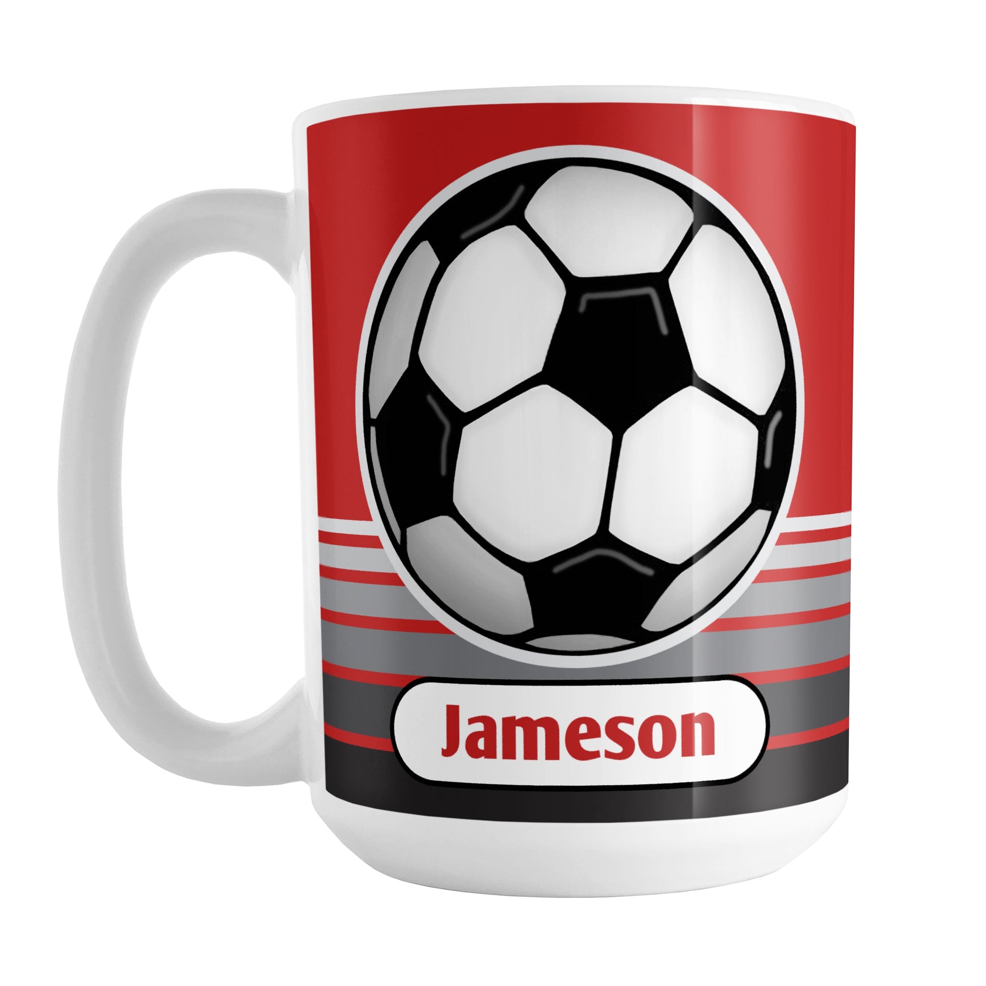 Personalized Gray Gradient Lined Red Soccer Ball Mug (15oz) at Amy's Coffee Mugs. A ceramic coffee mug designed with a big soccer ball on both sides of the mug over gradient black to gray lines along the bottom over a red background color that wraps around the mug up to the handle. Your personalized name is printed in red below the soccer ball.