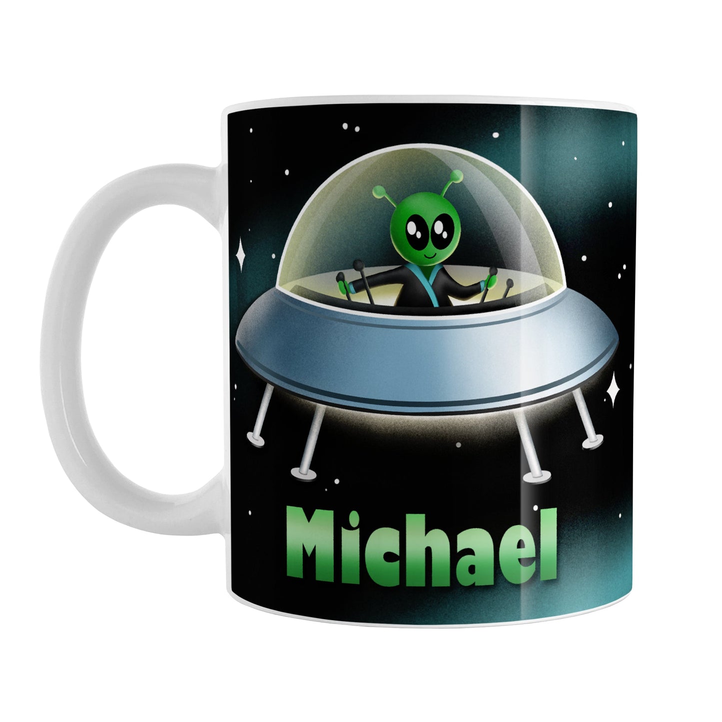 Personalized Green Alien Spaceship Mug (11oz) at Amy's Coffee Mugs. A ceramic coffee mug designed with a unique and cute green alien piloting a blue saucer spaceship with a glass dome, on both sides of the mug, over an outer space background that wraps around the mug up to the handle. Your personalized name is custom-printed in green below the alien spaceship design.