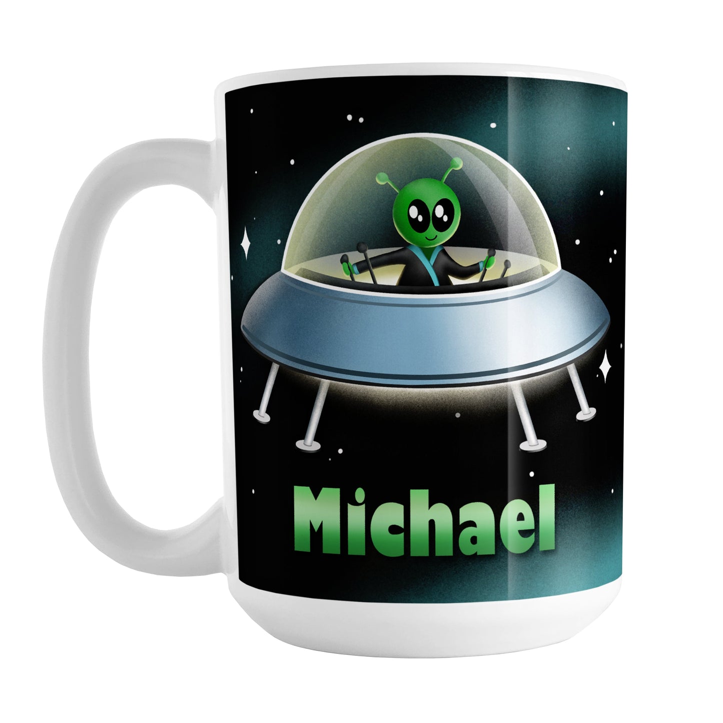 Personalized Green Alien Spaceship Mug (15oz) at Amy's Coffee Mugs. A ceramic coffee mug designed with a unique and cute green alien piloting a blue saucer spaceship with a glass dome, on both sides of the mug, over an outer space background that wraps around the mug up to the handle. Your personalized name is custom-printed in green below the alien spaceship design.