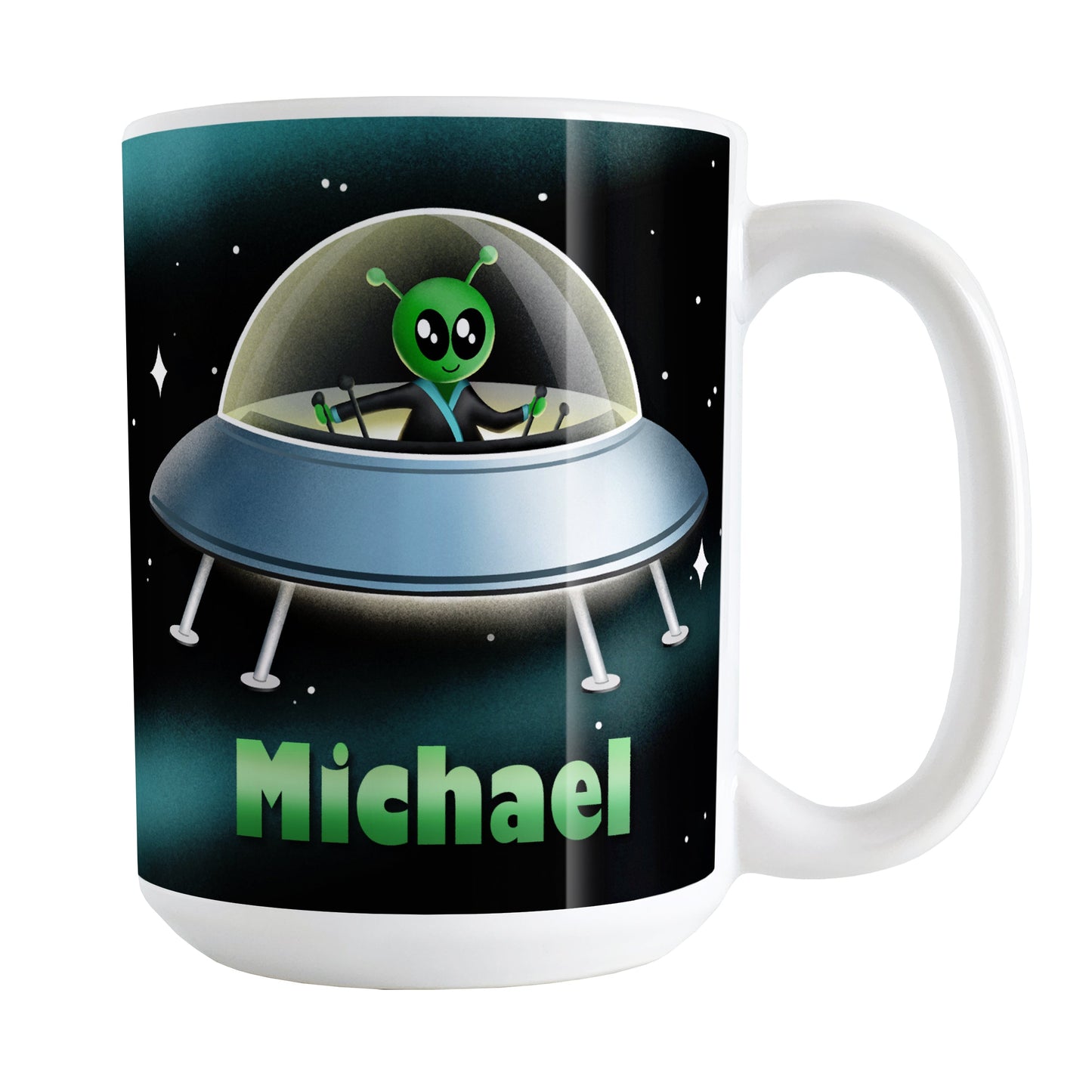 Personalized Green Alien Spaceship Mug (15oz) at Amy's Coffee Mugs. A ceramic coffee mug designed with a unique and cute green alien piloting a blue saucer spaceship with a glass dome, on both sides of the mug, over an outer space background that wraps around the mug up to the handle. Your personalized name is custom-printed in green below the alien spaceship design.