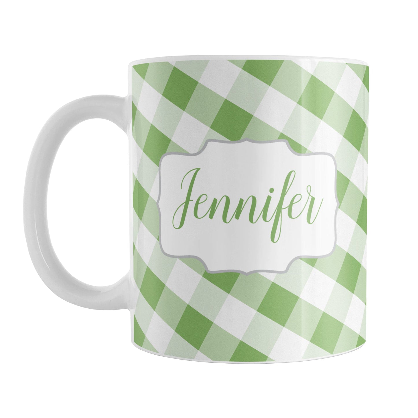 Personalized Green Gingham Mug (11oz) at Amy's Coffee Mugs. A ceramic coffee mug designed with a slanted green and white gingham pattern that wraps around the mug up to the handle. Your personalized name is custom-printed in a green script font on both sides of the mug over the gingham pattern.