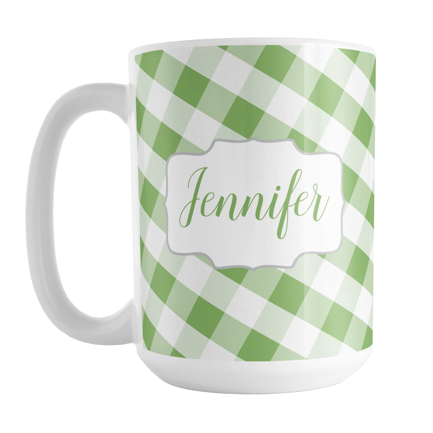 Personalized Green Gingham Mug (15oz) at Amy's Coffee Mugs. A ceramic coffee mug designed with a slanted green and white gingham pattern that wraps around the mug up to the handle. Your personalized name is custom-printed in a green script font on both sides of the mug over the gingham pattern.