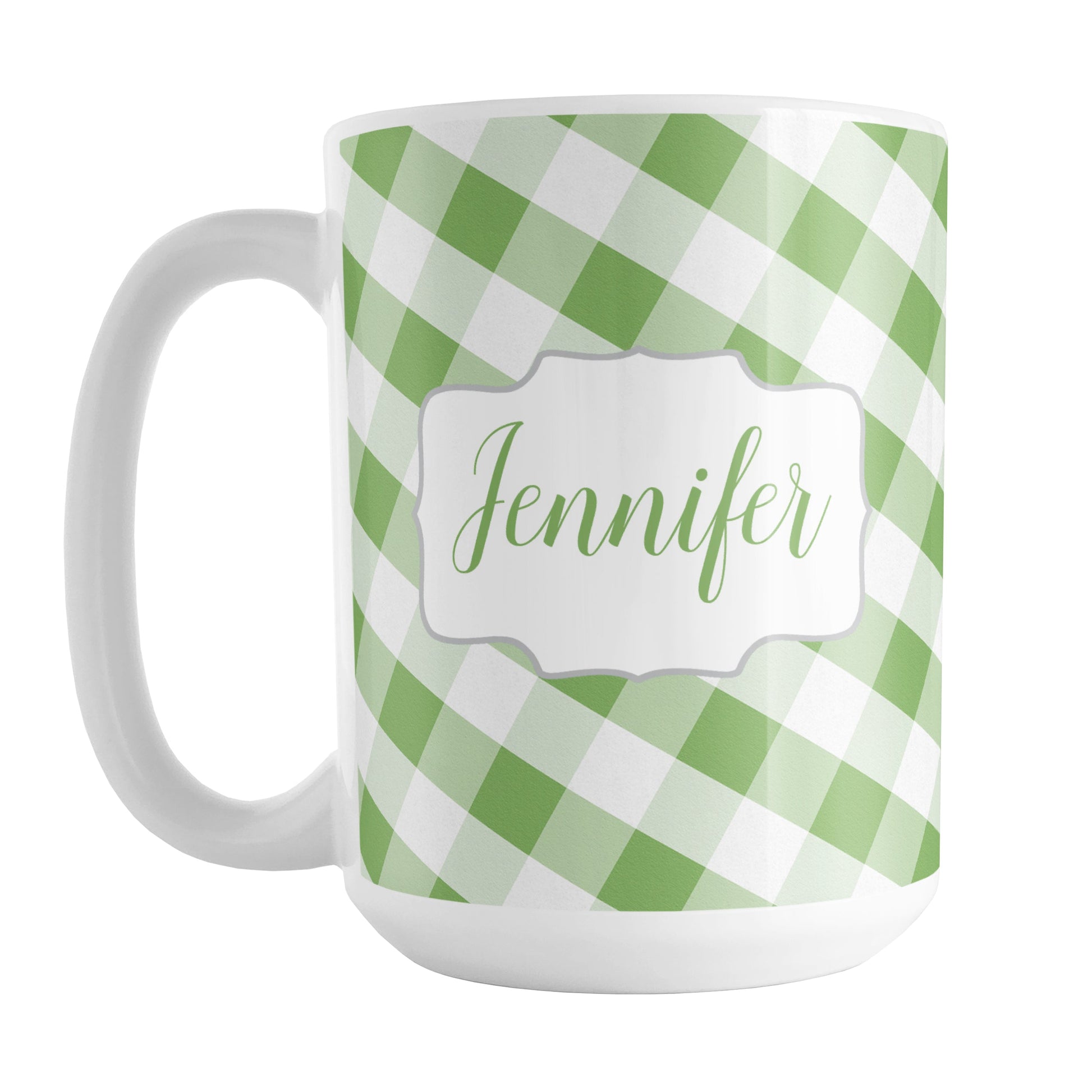 Personalized Green Gingham Mug (15oz) at Amy's Coffee Mugs. A ceramic coffee mug designed with a slanted green and white gingham pattern that wraps around the mug up to the handle. Your personalized name is custom-printed in a green script font on both sides of the mug over the gingham pattern.