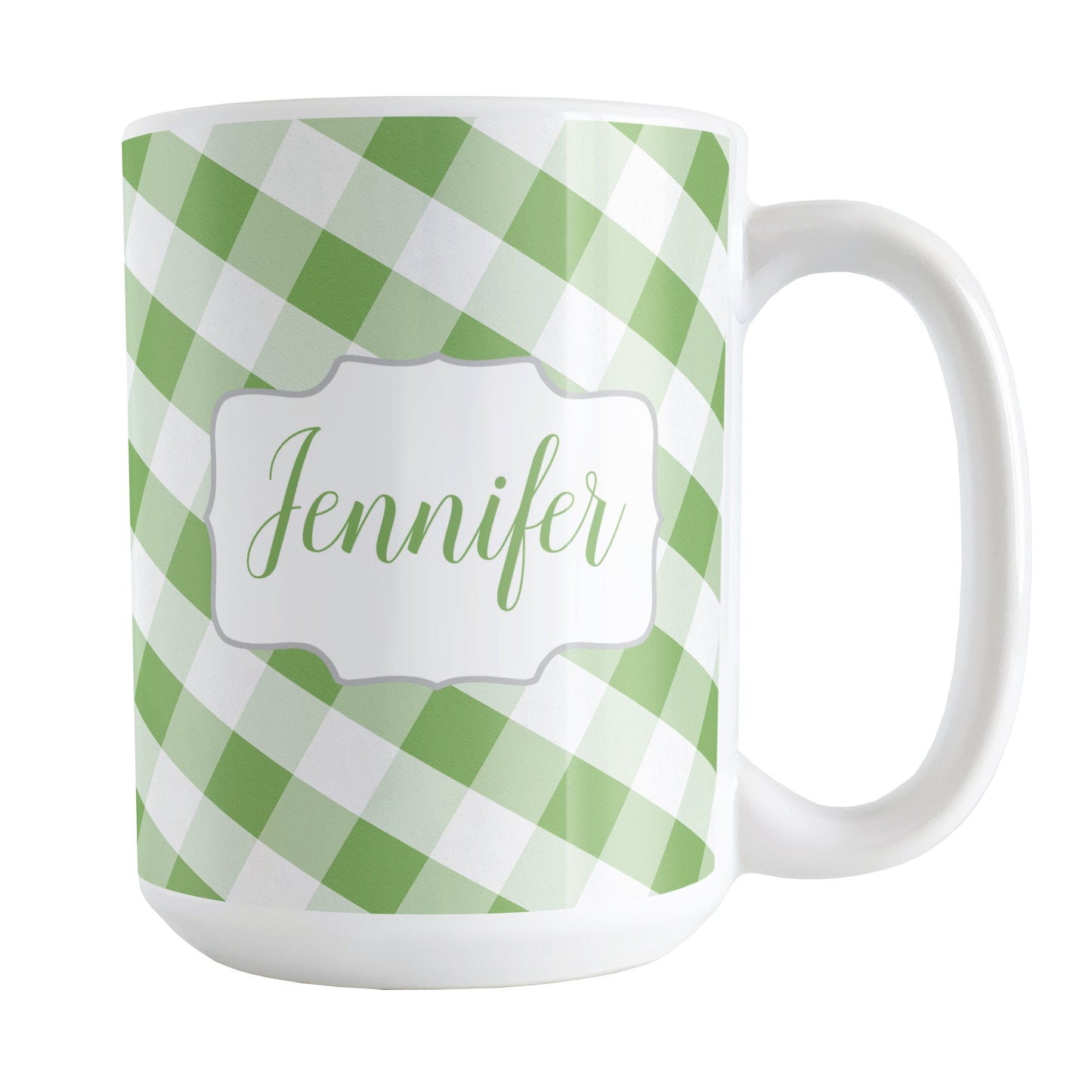 Personalized Green Gingham Mug (15oz) at Amy's Coffee Mugs. A ceramic coffee mug designed with a slanted green and white gingham pattern that wraps around the mug up to the handle. Your personalized name is custom-printed in a green script font on both sides of the mug over the gingham pattern.