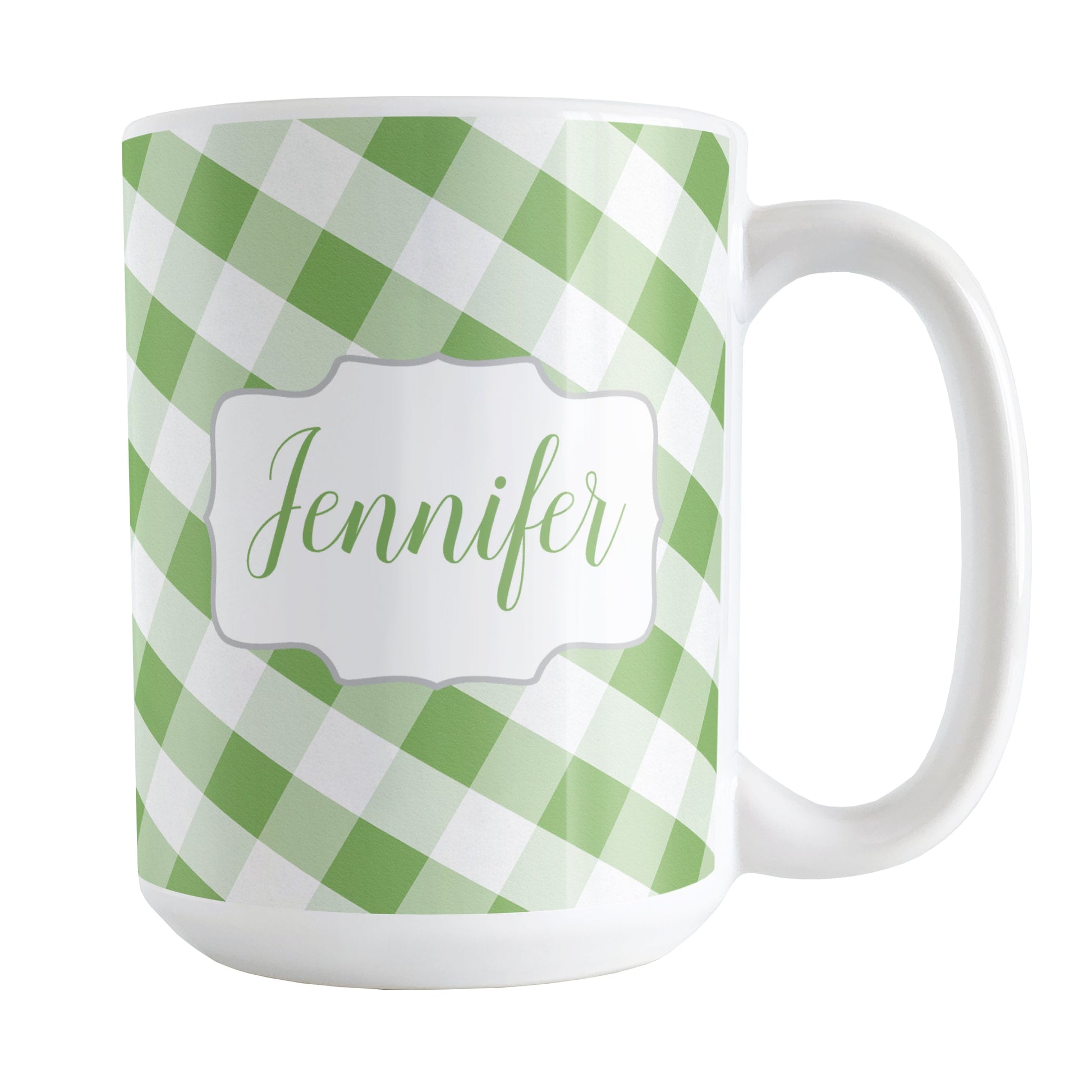 Personalized Green Gingham Mug (15oz) at Amy's Coffee Mugs. A ceramic coffee mug designed with a slanted green and white gingham pattern that wraps around the mug up to the handle. Your personalized name is custom-printed in a green script font on both sides of the mug over the gingham pattern.