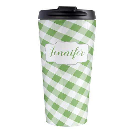 Personalized Green Gingham Travel Mug (15oz, stainless steel insulated) at Amy's Coffee Mugs. A travel mug designed with a slanted green and white gingham pattern that wraps around the travel mug. Your personalized name is custom-printed in a green script font in a white frame design over the gingham pattern.