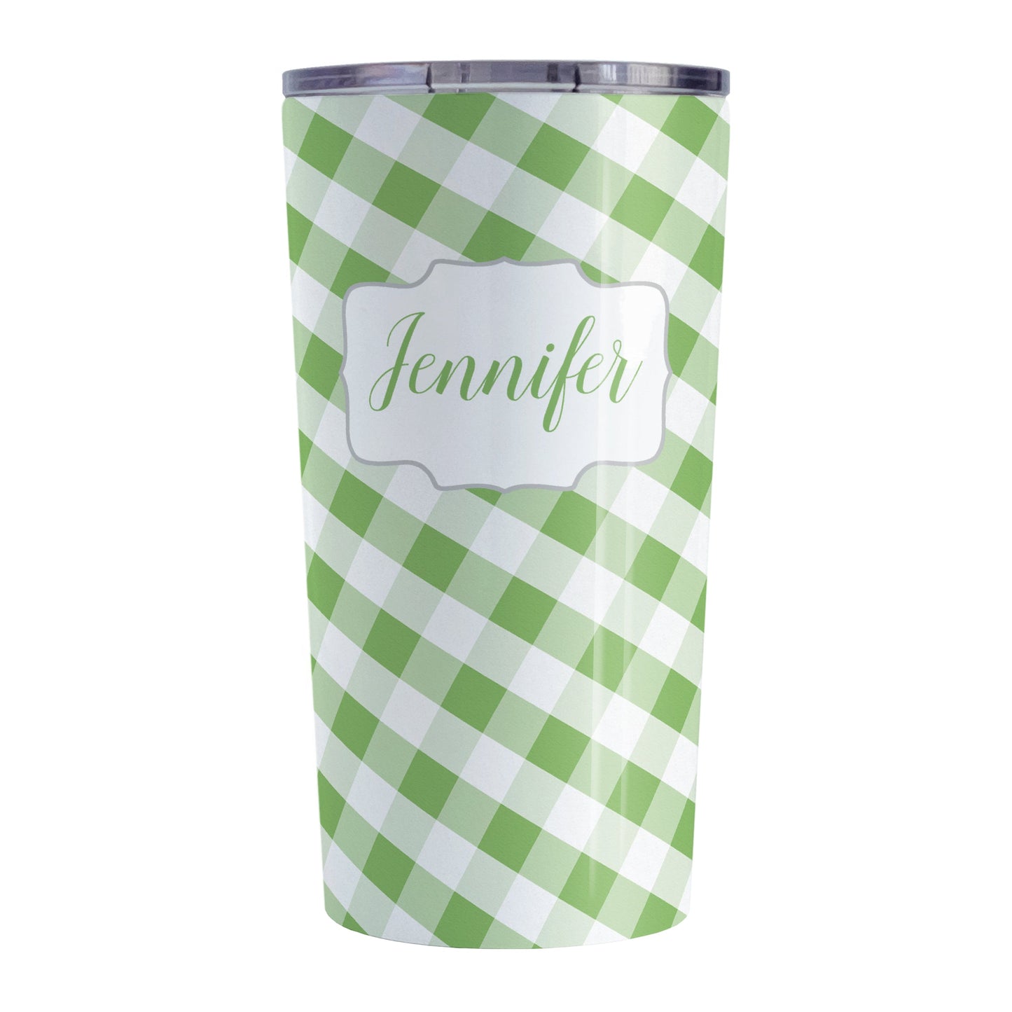 Personalized Green Gingham Tumbler Cup (20oz, stainless steel insulated) at Amy's Coffee Mugs. A tumbler cup designed with a slanted green and white gingham pattern that wraps around the cup. Your personalized name is custom-printed in a green script font in a white frame design over the gingham pattern.