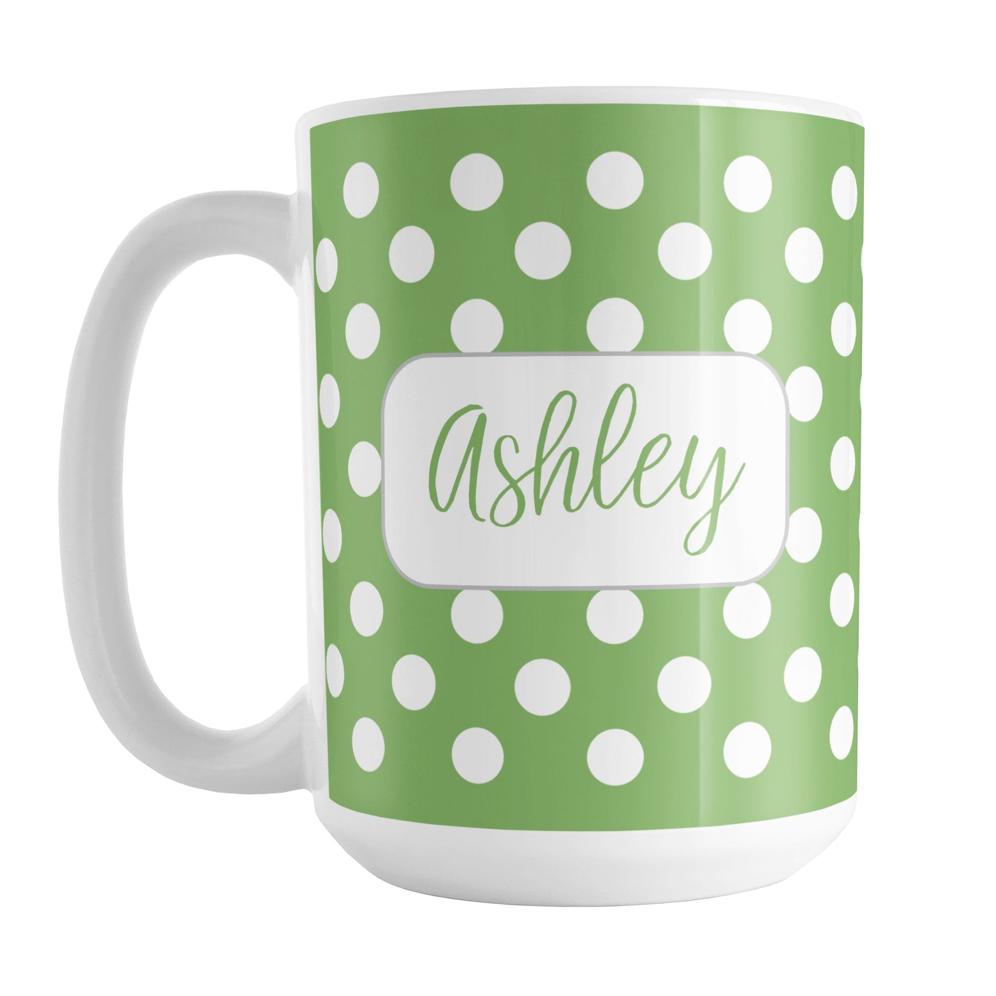 Personalized Green Polka Dot Mug (15oz) at Amy's Coffee Mugs. A ceramic coffee mug designed with a pattern of white polka dots over a green background color that wraps around the mug up to the handle. Your name is personalized in a cute green script font in a white frame design on both sides of the mug over the polka dot pattern.