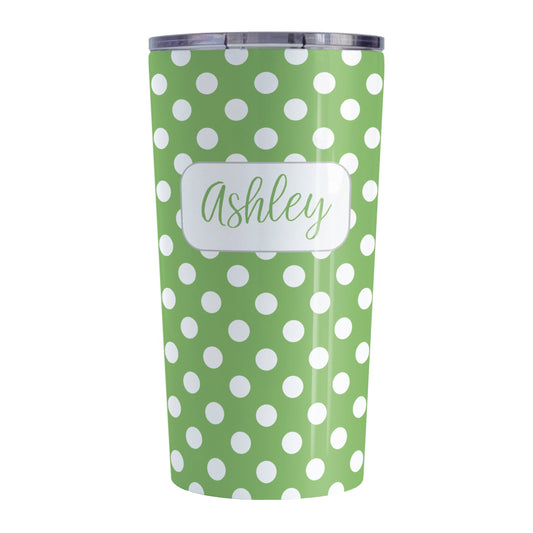 Personalized Green Polka Dot Tumbler Cup (20oz, stainless steel insulated) at Amy's Coffee Mugs. A tumbler cup designed with a pattern of white polka dots over a green background color that wraps around the cup. Your name is personalized in a cute green script font in a white frame design over the polka dot pattern.