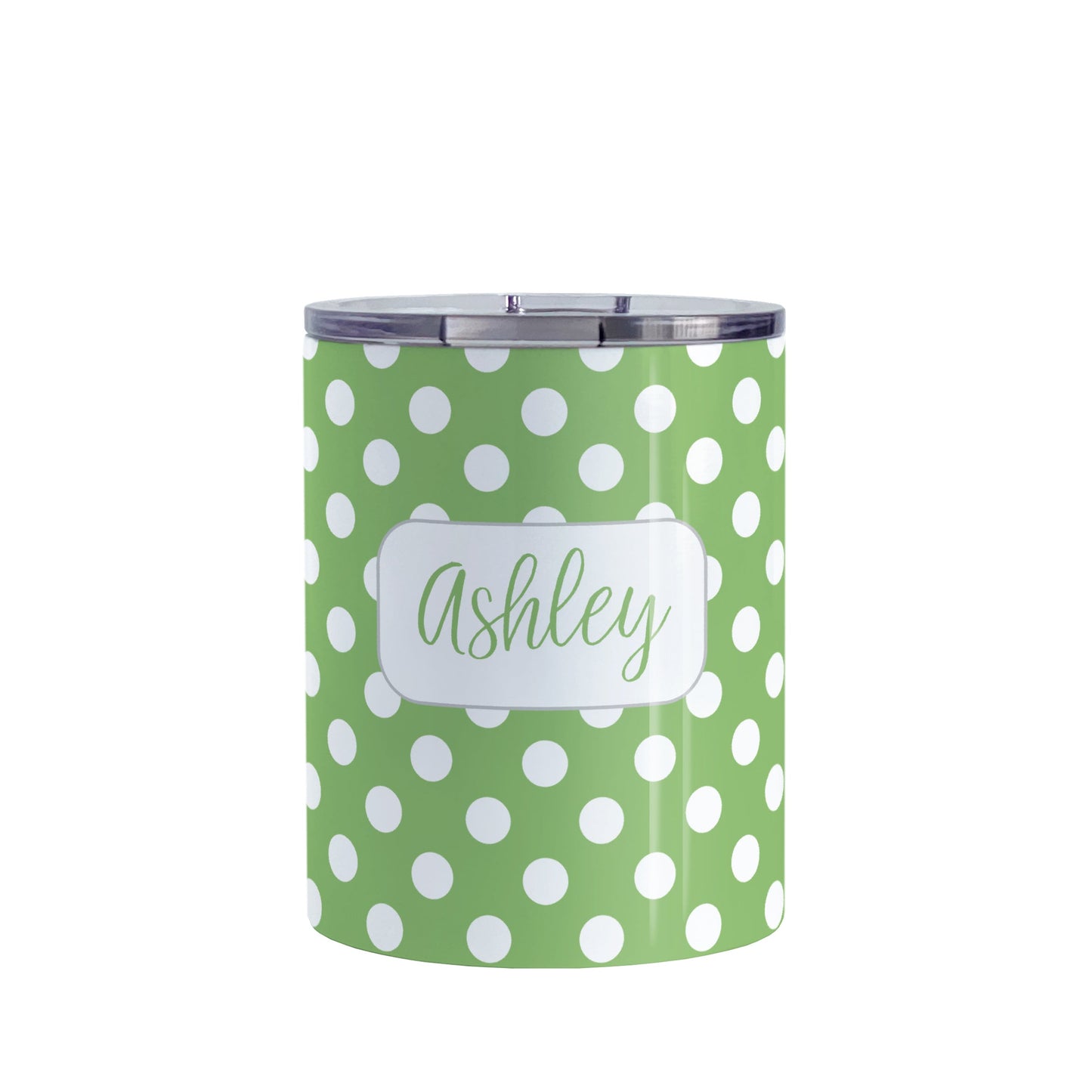 Personalized Green Polka Dot Tumbler Cup (10oz, stainless steel insulated) at Amy's Coffee Mugs. A tumbler cup designed with a pattern of white polka dots over a green background color that wraps around the cup. Your name is personalized in a cute green script font in a white frame design over the polka dot pattern.