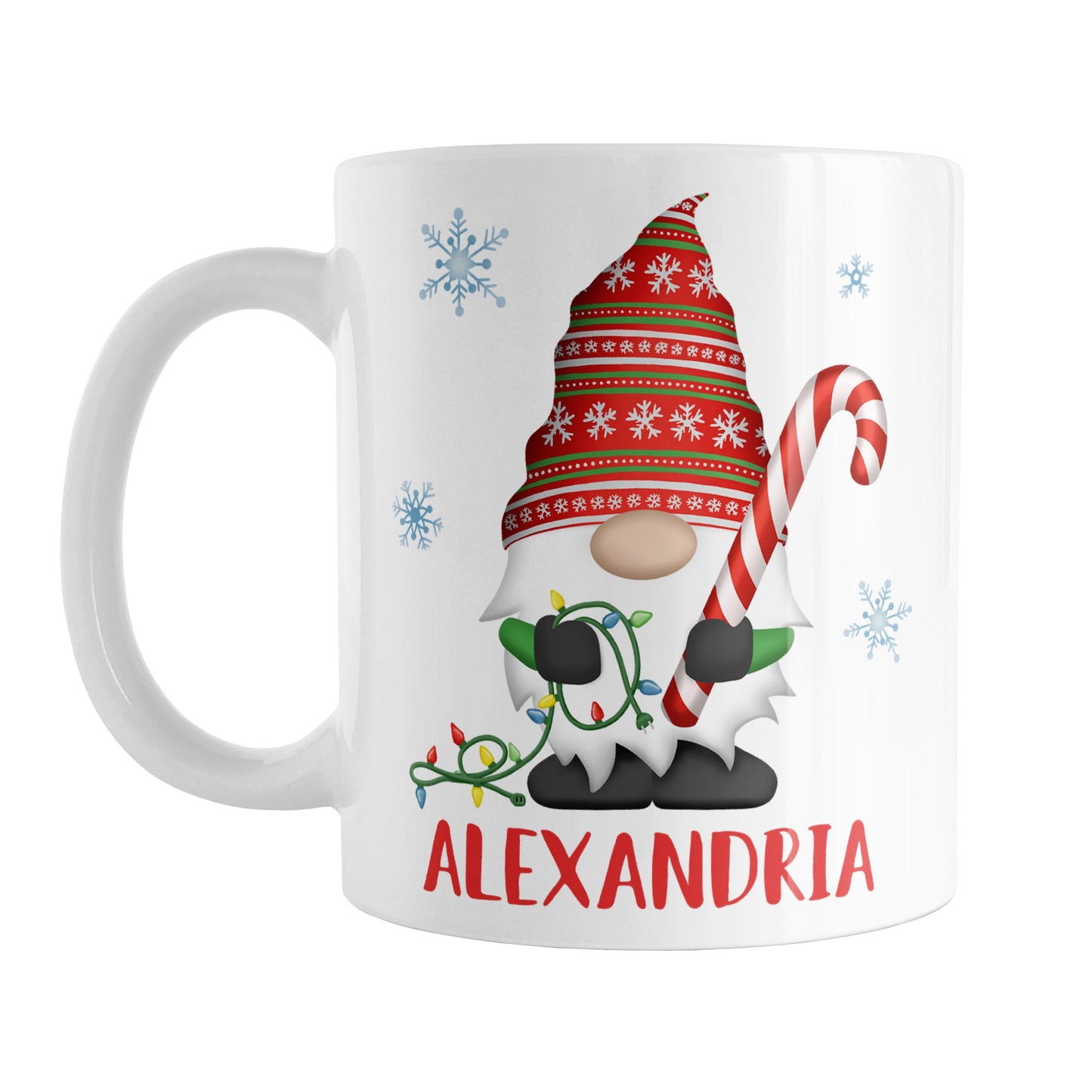 Personalized Holiday Candy Cane Gnome Mug (11oz) at Amy's Coffee Mugs. A ceramic coffee mug designed with a holiday gnome on both sides of the mug wearing a festive red and green snowflake hat and holding a large candy cane and a string of Christmas lights, with winter snowflakes around it. Your name is custom printed in red below the gnome.