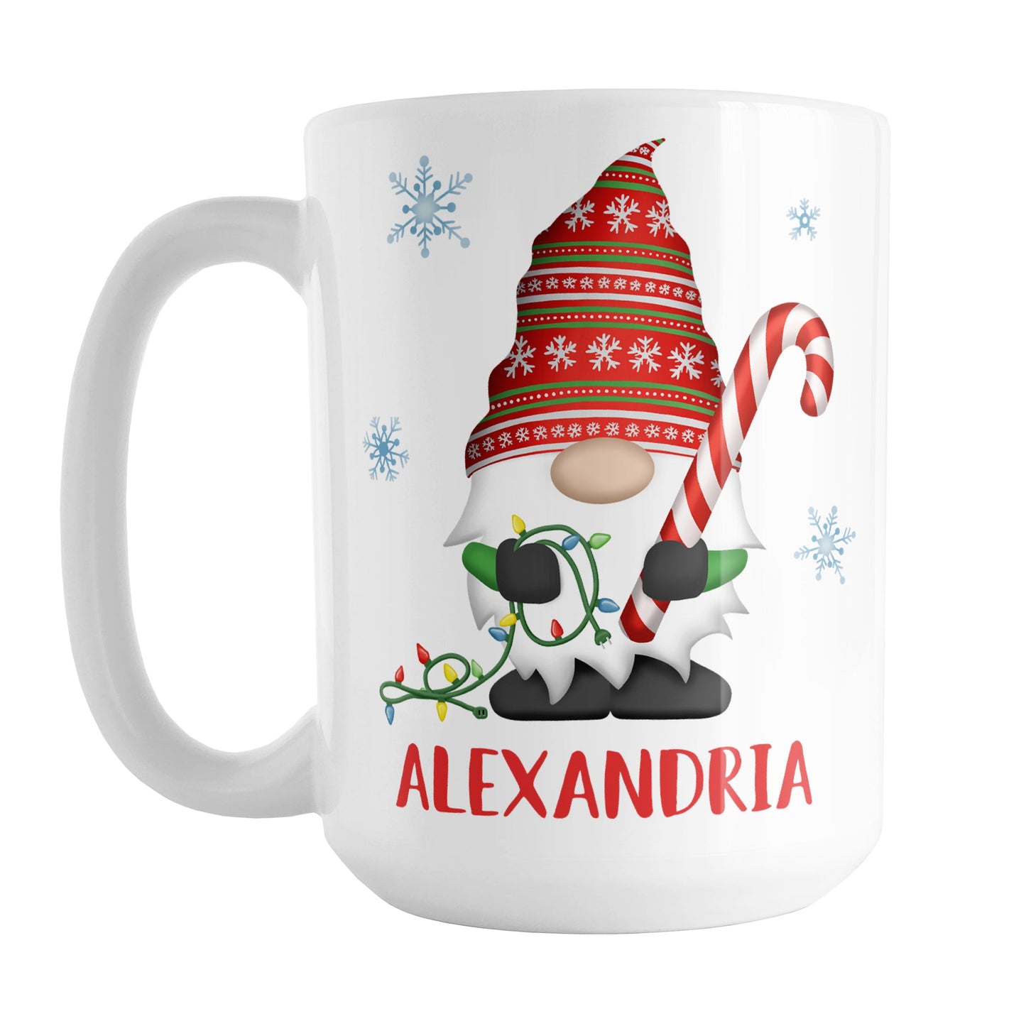 Personalized Holiday Candy Cane Gnome Mug (15oz) at Amy's Coffee Mugs. A ceramic coffee mug designed with a holiday gnome on both sides of the mug wearing a festive red and green snowflake hat and holding a large candy cane and a string of Christmas lights, with winter snowflakes around it. Your name is custom printed in red below the gnome.