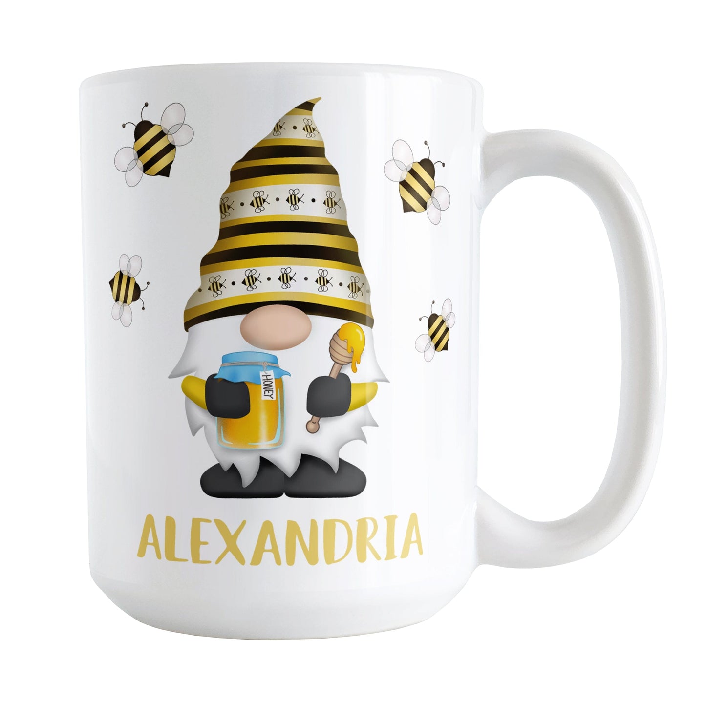 Personalized Honey Bee Gnome Mug (15oz) at Amy's Coffee Mugs. A ceramic coffee mug designed with a gnome wearing an adorable hat with black and yellow stripes and bees, holding a jar of honey and a honey dipper, with bees flying around the gnome. Your name is personalized in a fun yellow font below the gnome, making this a great gift. This cute honey bee gnome illustration and name are on both sides of the mug.