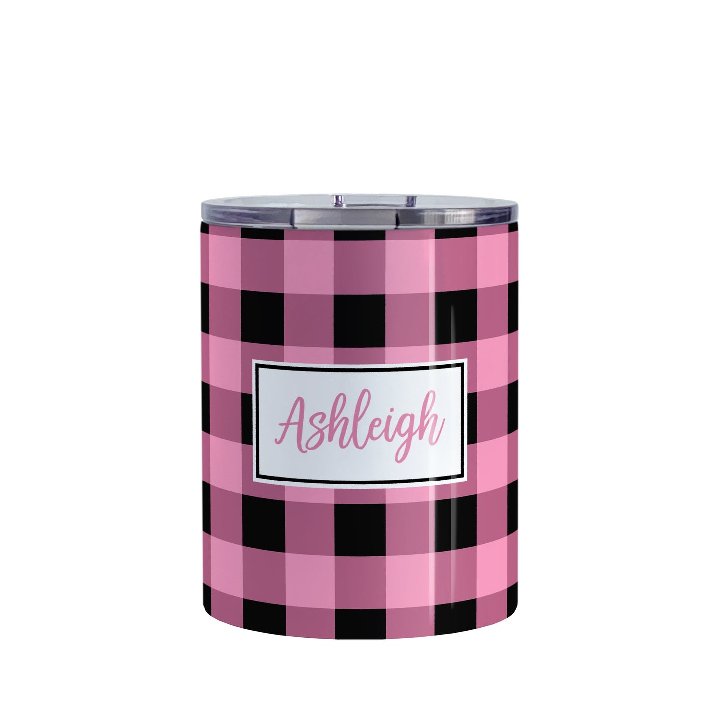 Personalized Light Pink and Black Buffalo Plaid Tumbler Cup (10oz, stainless steel insulated) at Amy's Coffee Mugs. A tumbler cup designed with a black and light pink buffalo plaid (buffalo check) pattern that wraps around the cup. Your name is custom printed in pink inside a white frame design over the buffalo plaid pattern.