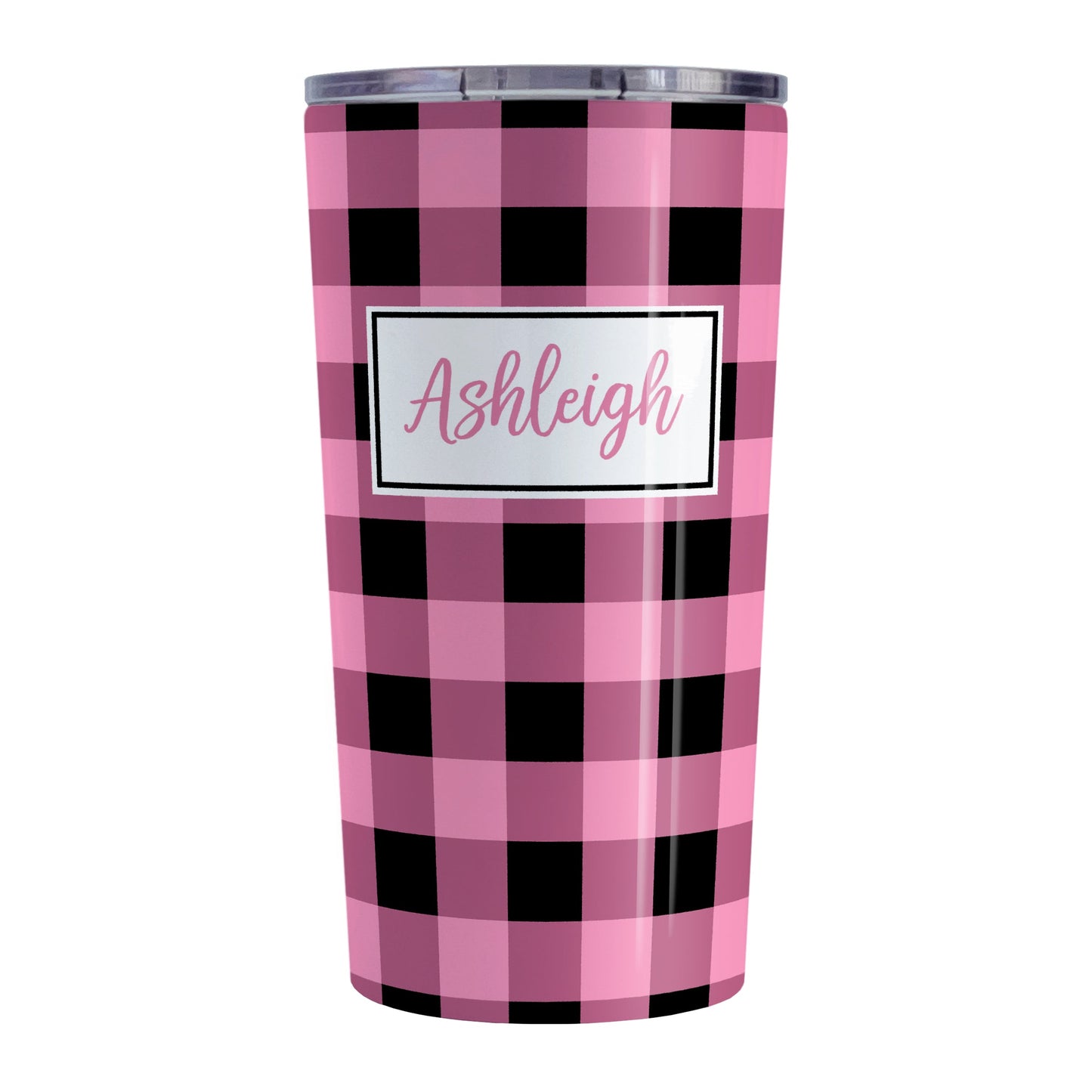 Personalized Light Pink and Black Buffalo Plaid Tumbler Cup (20oz, stainless steel insulated) at Amy's Coffee Mugs. A tumbler cup designed with a black and light pink buffalo plaid (buffalo check) pattern that wraps around the cup. Your name is custom printed in pink inside a white frame design over the buffalo plaid pattern.