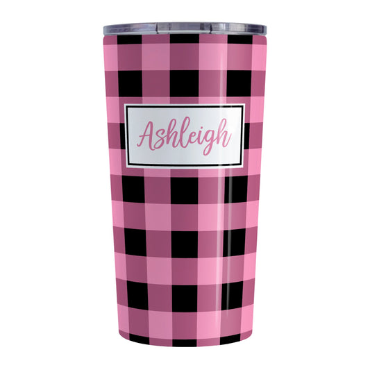 Personalized Light Pink and Black Buffalo Plaid Tumbler Cup (20oz, stainless steel insulated) at Amy's Coffee Mugs. A tumbler cup designed with a black and light pink buffalo plaid (buffalo check) pattern that wraps around the cup. Your name is custom printed in pink inside a white frame design over the buffalo plaid pattern.
