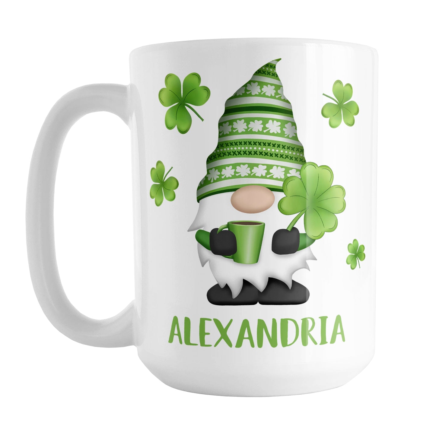 Personalized Lucky Clover Gnome Mug (15oz) at Amy's Coffee Mugs. A ceramic coffee mug designed with a gnome with a festive green clover pattern hat, holding a hot beverage and large 4-leaf clover, with shamrocks around the gnome. A personalized name is printed below the gnome in green, making it the perfect gift. This cute lucky clover gnome illustration and personalization are on both sides of the mug.