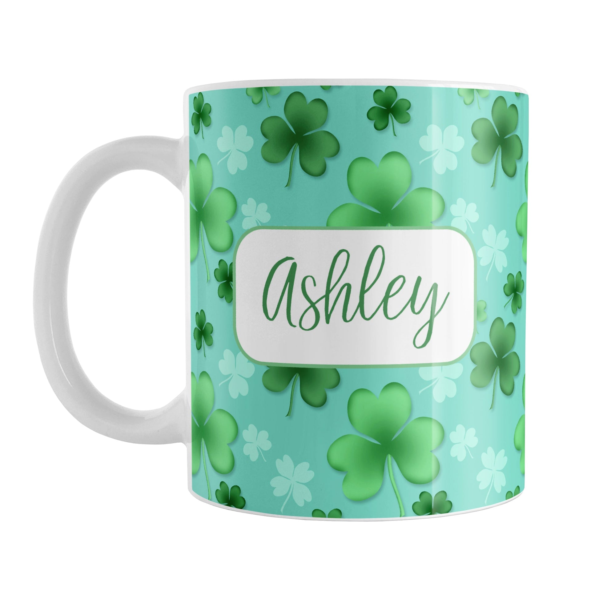 Personalized Lucky Clover Pattern Teal and Green Mug (11oz) at Amy's Coffee Mugs. A ceramic coffee mug designed with a lucky green clover pattern with a 4-leaf clover among 3-leaf clovers, in different shades of green, over a teal background that wraps around the mug to the handle. Your name is personalized in green on white, over the lucky clover pattern.