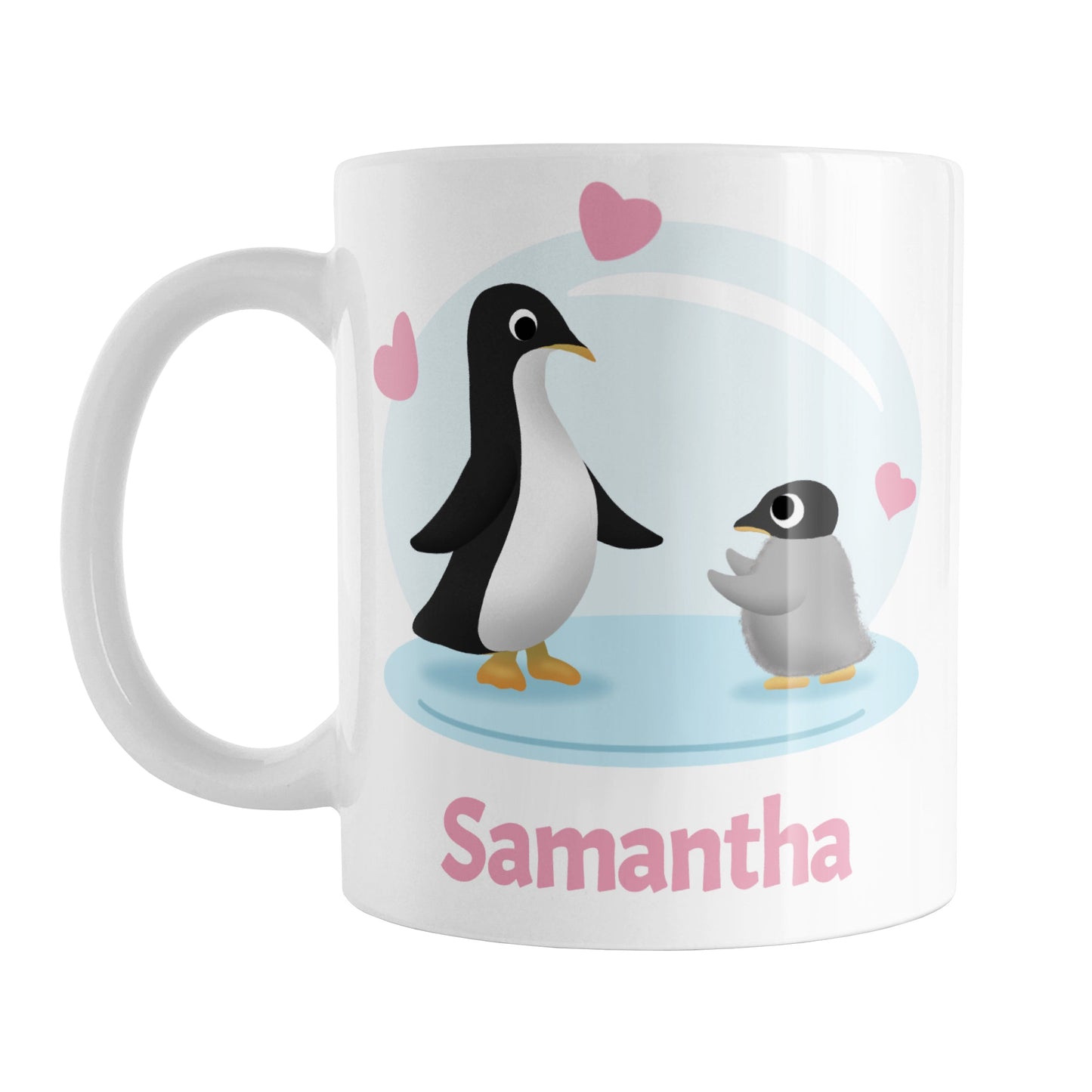 Personalized My Little Penguin Mug (11oz) at Amy's Coffee Mugs. A ceramic coffee mug designed with an illustration of a mommy or daddy penguin with a little baby penguin over a blue background design with three pink hearts above them. Your name is personalized in pink below the adorable penguins. This cute penguin illustration and personalization is on both sides of the mug.