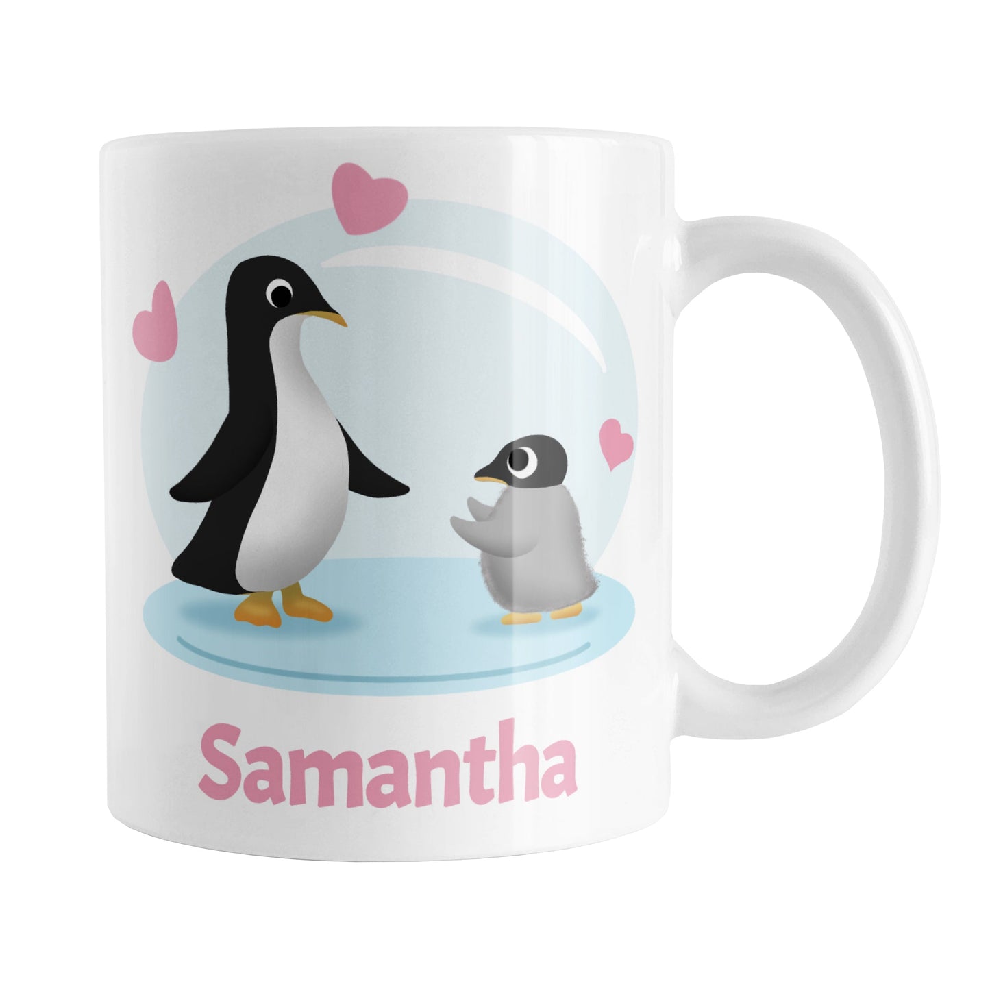 Personalized My Little Penguin Mug (11oz) at Amy's Coffee Mugs. A ceramic coffee mug designed with an illustration of a mommy or daddy penguin with a little baby penguin over a blue background design with three pink hearts above them. Your name is personalized in pink below the adorable penguins. This cute penguin illustration and personalization is on both sides of the mug.