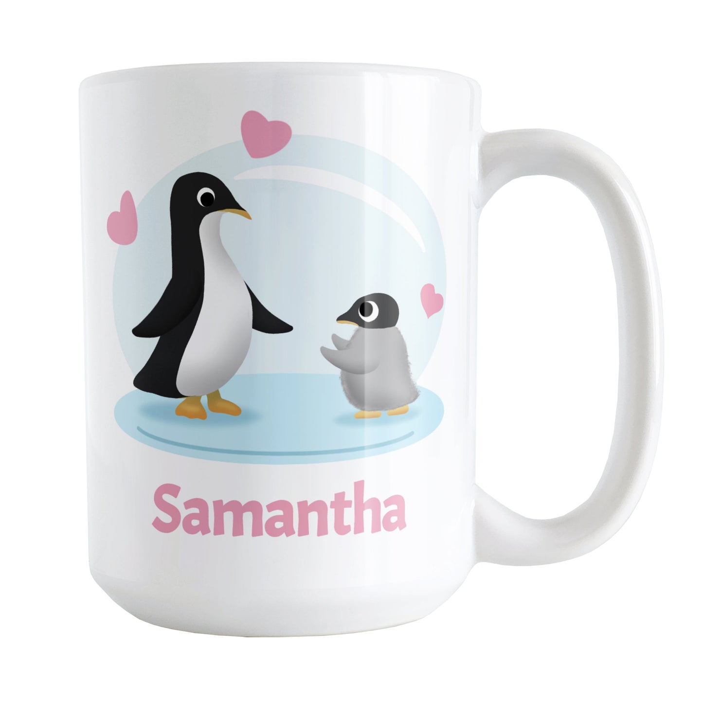 Personalized My Little Penguin Mug (15oz) at Amy's Coffee Mugs. A ceramic coffee mug designed with an illustration of a mommy or daddy penguin with a little baby penguin over a blue background design with three pink hearts above them. Your name is personalized in pink below the adorable penguins. This cute penguin illustration and personalization is on both sides of the mug.