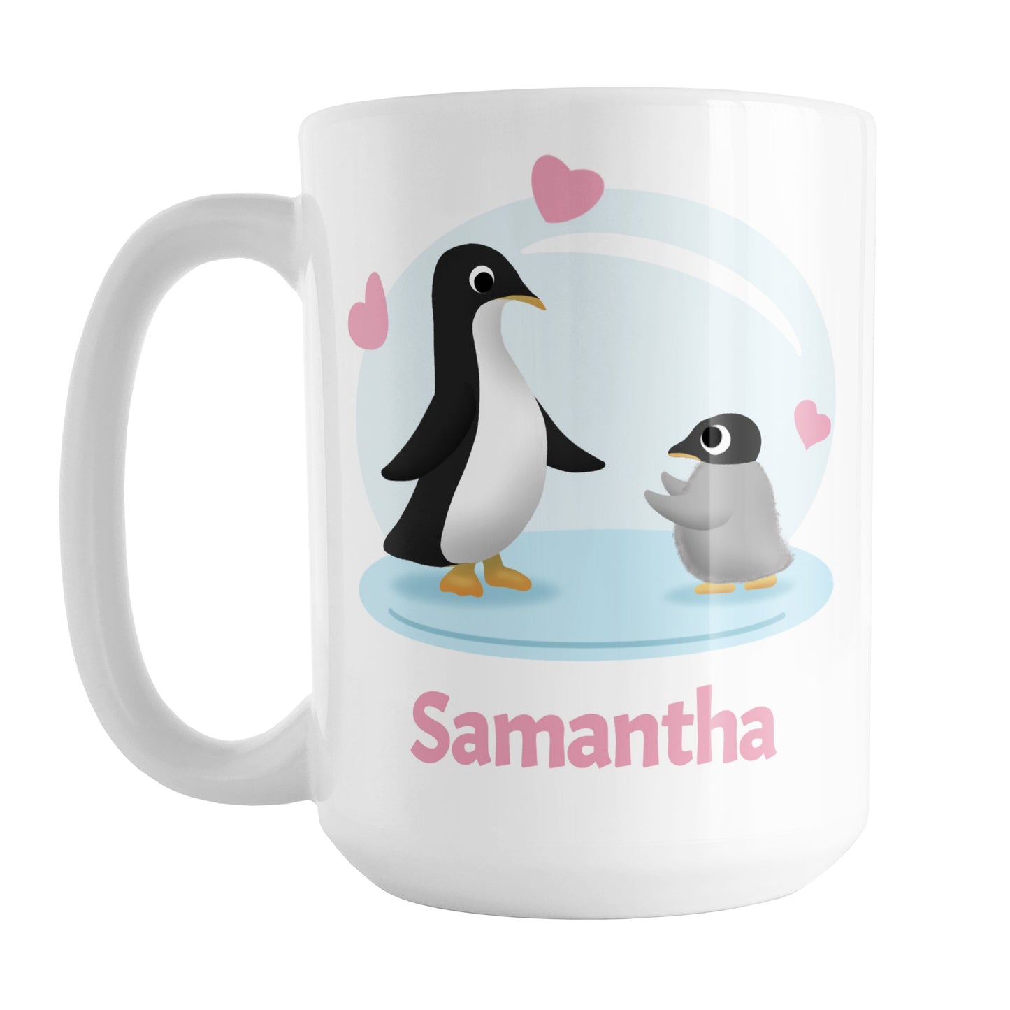 Personalized My Little Penguin Mug (15oz) at Amy's Coffee Mugs. A ceramic coffee mug designed with an illustration of a mommy or daddy penguin with a little baby penguin over a blue background design with three pink hearts above them. Your name is personalized in pink below the adorable penguins. This cute penguin illustration and personalization is on both sides of the mug.