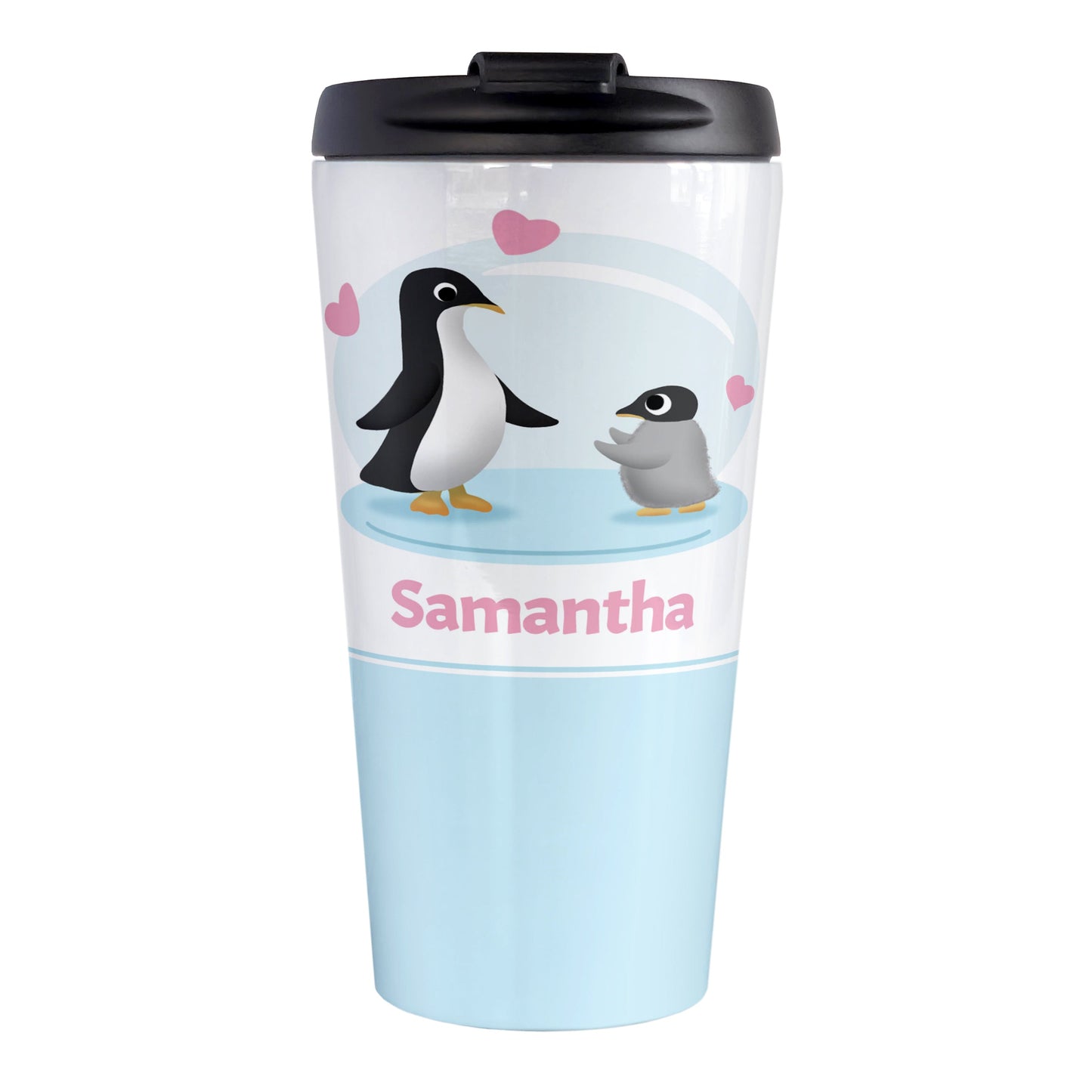 Personalized My Little Penguin Travel Mug (15oz, stainless steel insulated) at Amy's Coffee Mugs. A travel mug designed with an illustration of a mommy or daddy penguin with a little baby penguin over a blue background design with three pink hearts above them. Your name is personalized in pink below the adorable penguins.