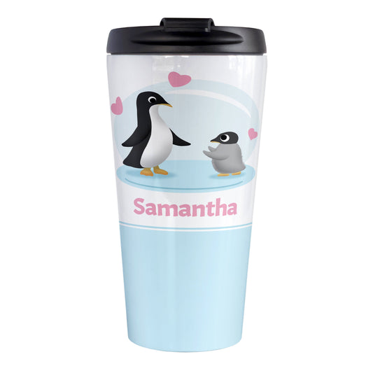 Personalized My Little Penguin Travel Mug (15oz, stainless steel insulated) at Amy's Coffee Mugs. A travel mug designed with an illustration of a mommy or daddy penguin with a little baby penguin over a blue background design with three pink hearts above them. Your name is personalized in pink below the adorable penguins.
