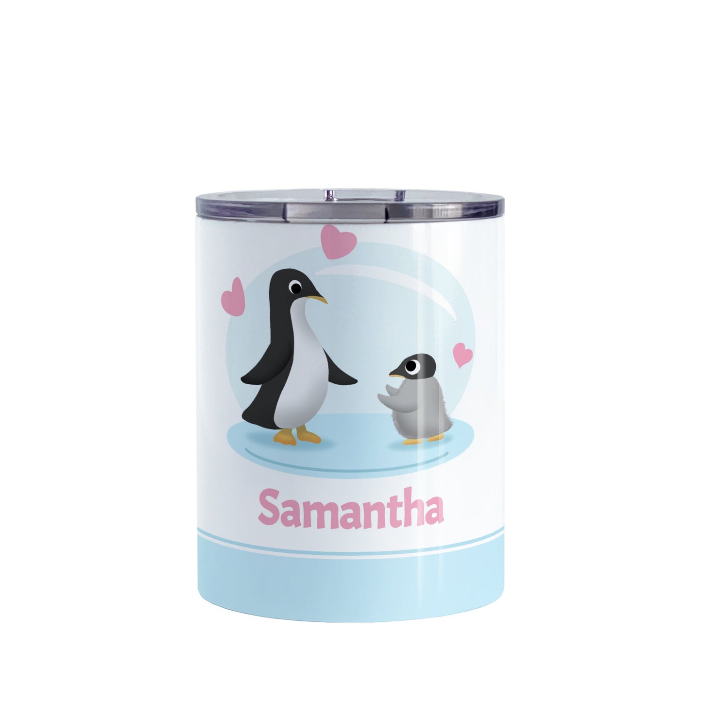 Personalized My Little Penguin Tumbler Cup (10oz, stainless steel insulated) at Amy's Coffee Mugs. A tumbler cup designed with an illustration of a mommy or daddy penguin with a little baby penguin over a blue background design with three pink hearts above them. Your name is personalized in pink below the adorable penguins.