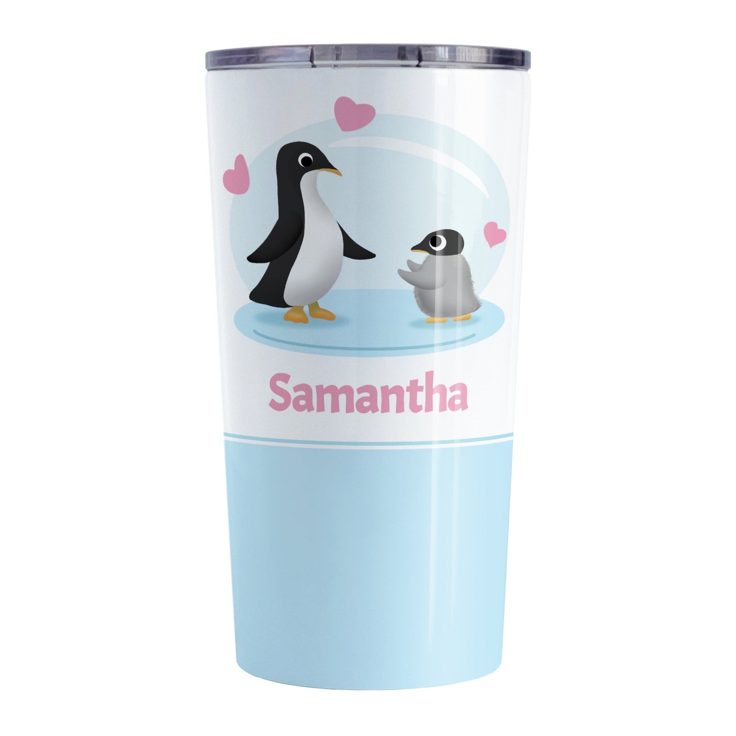 Personalized My Little Penguin Tumbler Cup (20oz, stainless steel insulated) at Amy's Coffee Mugs. A tumbler cup designed with an illustration of a mommy or daddy penguin with a little baby penguin over a blue background design with three pink hearts above them. Your name is personalized in pink below the adorable penguins.