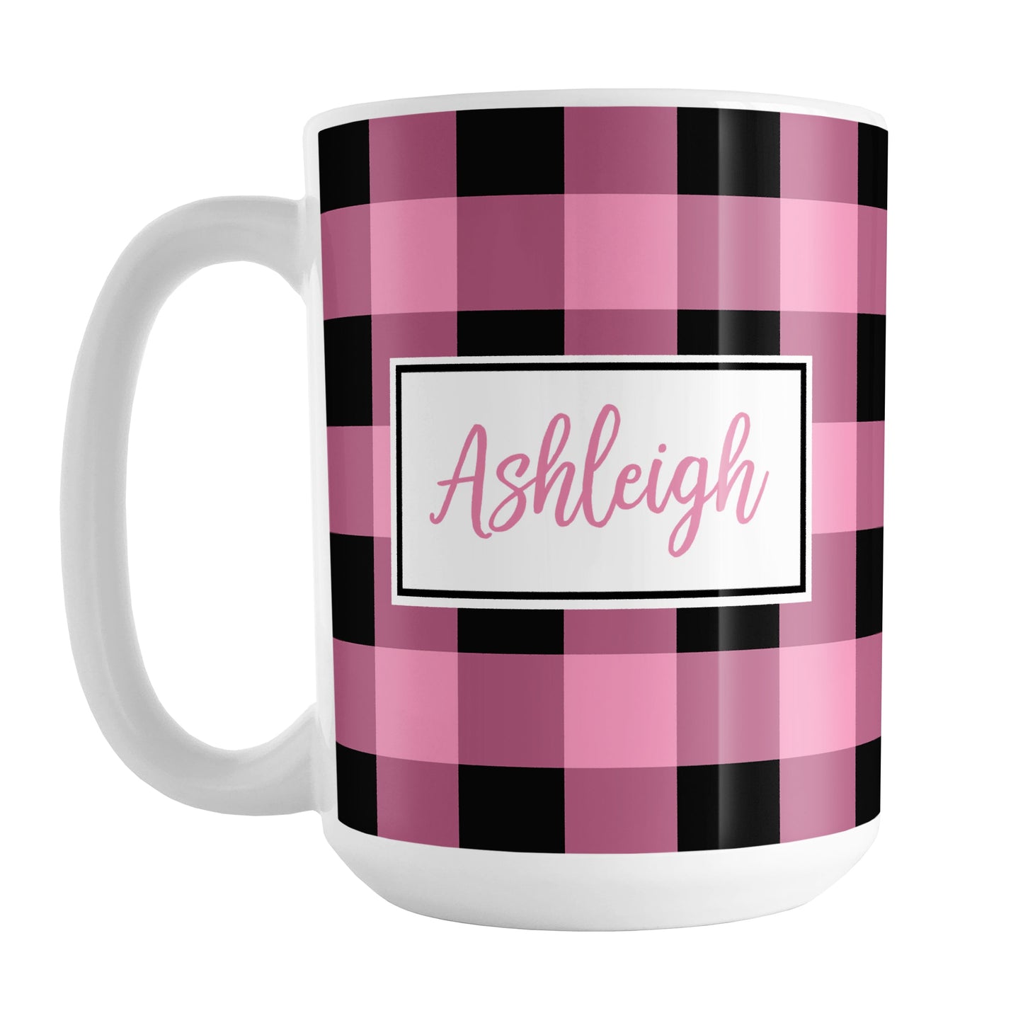 Personalized Name Light Pink and Black Buffalo Plaid Mug (15oz) at Amy's Coffee Mugs. A ceramic coffee mug designed with a black and light pink buffalo plaid (buffalo check) pattern that wraps around the mug up to the handle. Your name is custom printed in pink inside a white frame design on both sides of the mug over the buffalo plaid pattern.