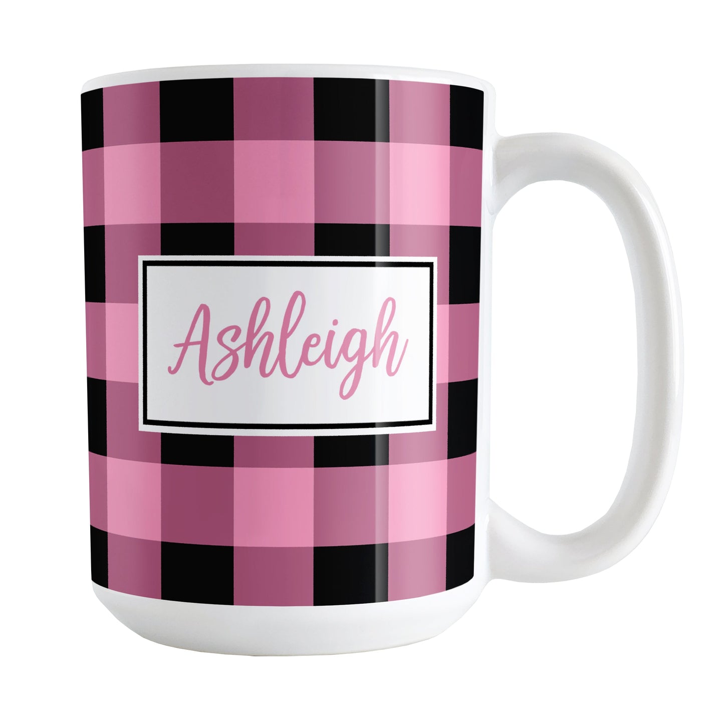 Personalized Name Light Pink and Black Buffalo Plaid Mug (15oz) at Amy's Coffee Mugs. A ceramic coffee mug designed with a black and light pink buffalo plaid (buffalo check) pattern that wraps around the mug up to the handle. Your name is custom printed in pink inside a white frame design on both sides of the mug over the buffalo plaid pattern.