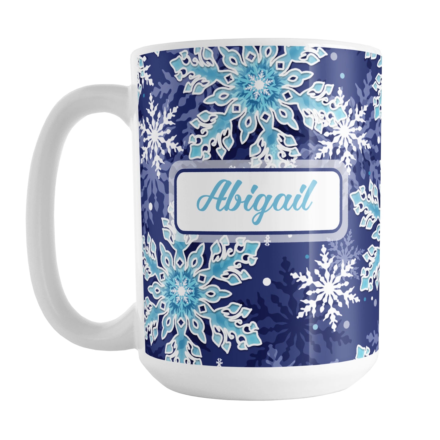 Personalized Navy Blue Aqua Snowflake Winter Mug (15oz) at Amy's Coffee Mugs. A ceramic coffee mug designed with a pattern of aqua blue and white snowflakes over a navy blue background color that wraps around the mug to the handle. Your name is personalized in blue in a white frame design on both sides of the mug over the snowflakes pattern.