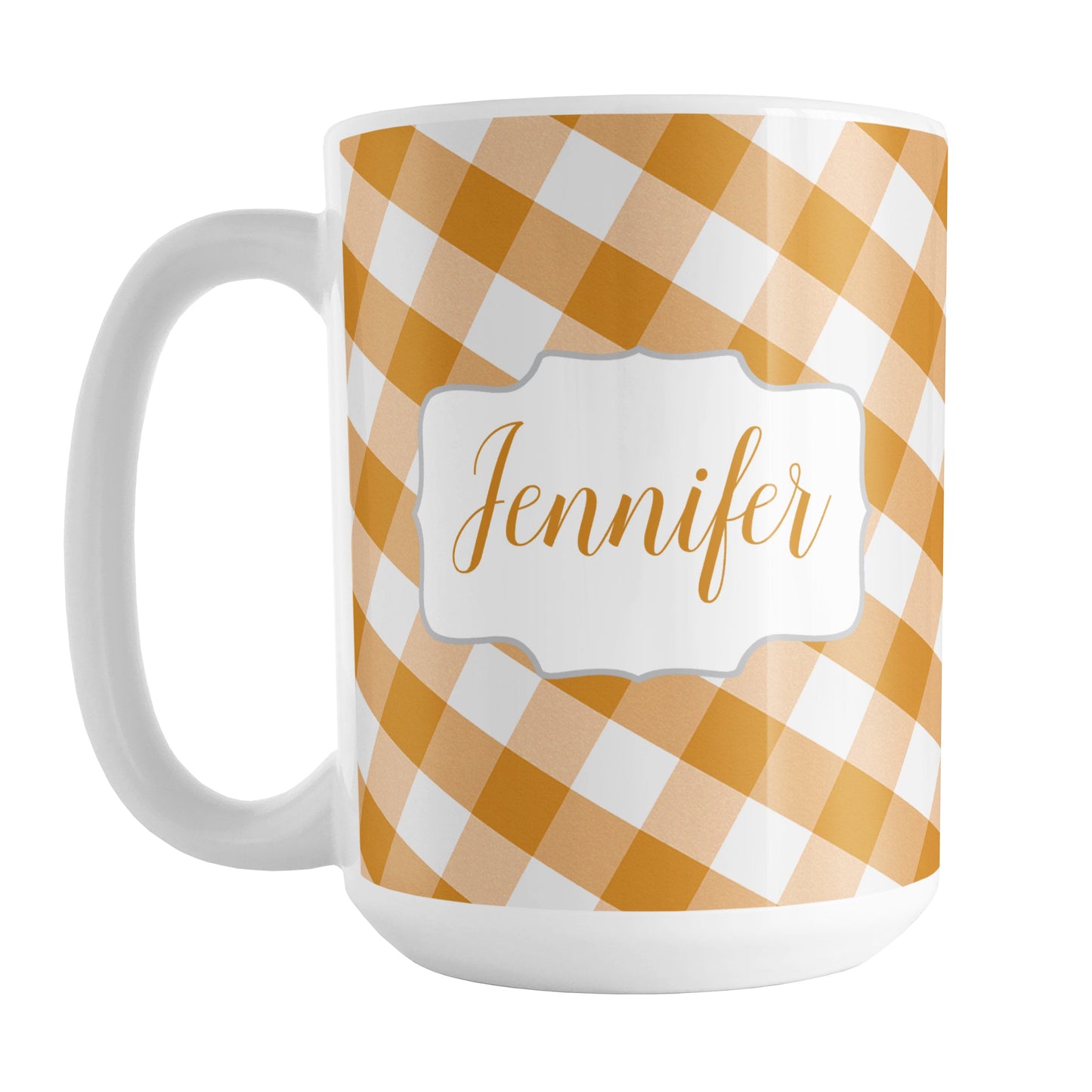 Personalized Orange Gingham Mug (15oz) at Amy's Coffee Mugs. A ceramic coffee mug designed with a slanted orange and white gingham pattern that wraps around the mug up to the handle. Your personalized name is custom-printed in an orange script font on both sides of the mug over the gingham pattern.