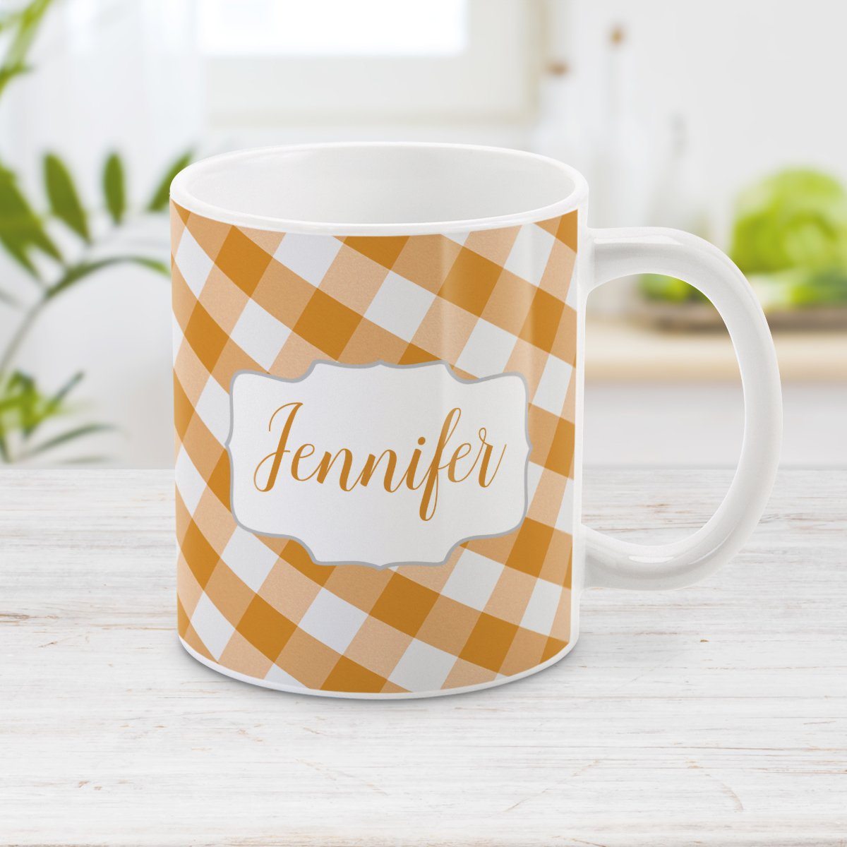 Personalized Orange Gingham Mug at Amy's Coffee Mugs