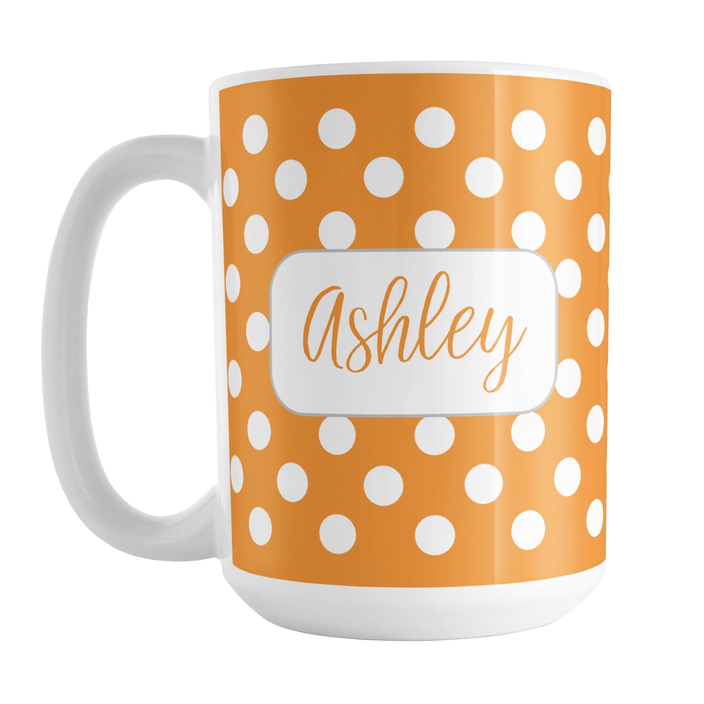 Personalized Orange Polka Dot Mug (15oz) at Amy's Coffee Mugs. A ceramic coffee mug designed with a pattern of white polka dots over an orange background color that wraps around the mug up to the handle. Your name is personalized in a cute orange script font in a white frame design on both sides of the mug over the polka dot pattern.