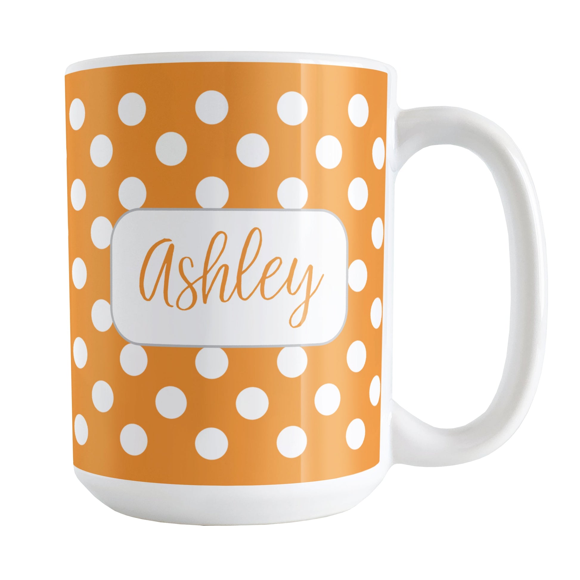 Personalized Orange Polka Dot Mug (15oz) at Amy's Coffee Mugs. A ceramic coffee mug designed with a pattern of white polka dots over an orange background color that wraps around the mug up to the handle. Your name is personalized in a cute orange script font in a white frame design on both sides of the mug over the polka dot pattern.