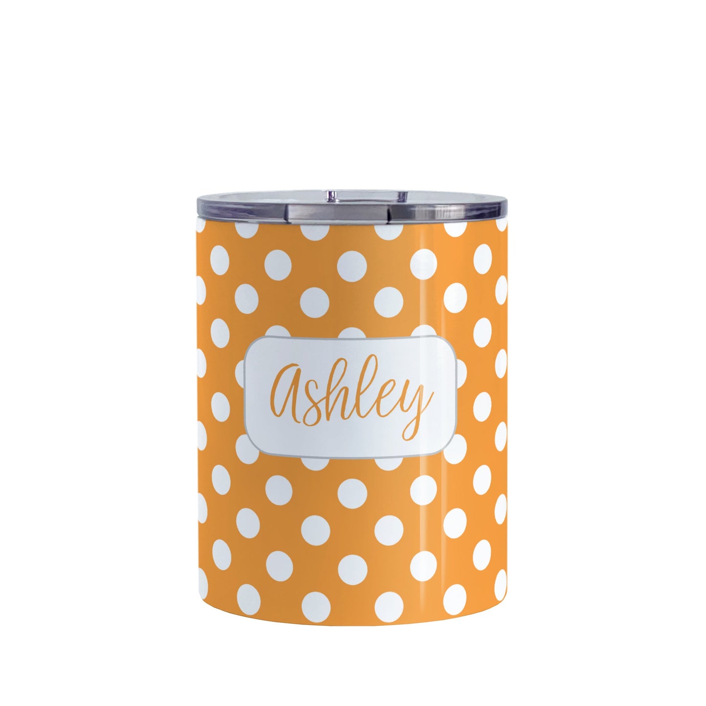 Personalized Orange Polka Dot Tumbler Cup (10oz, stainless steel insulated) at Amy's Coffee Mugs. A tumbler cup designed with a pattern of white polka dots over an orange background color that wraps around the cup. Your name is personalized in a cute orange script font in a white frame design over the polka dot pattern.