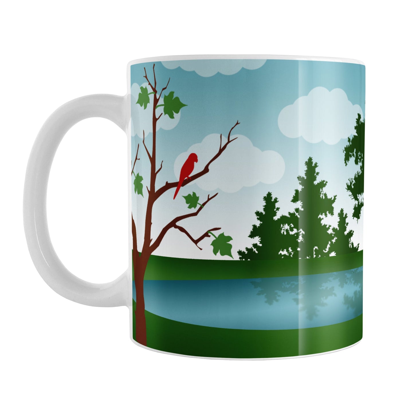 Personalized Out in the Country Cabin Mug (11oz) at Amy's Coffee Mugs. A ceramic coffee mug with a beautiful illustration of an outdoors woodsy "out in the country" setting with a silhouette of a deer and two red birds, with trees, grass, a pond, and a blue sky background in a design that wraps around the mug to the handle. Your name or cabin name is printed in white over the grass on the right side of the design.