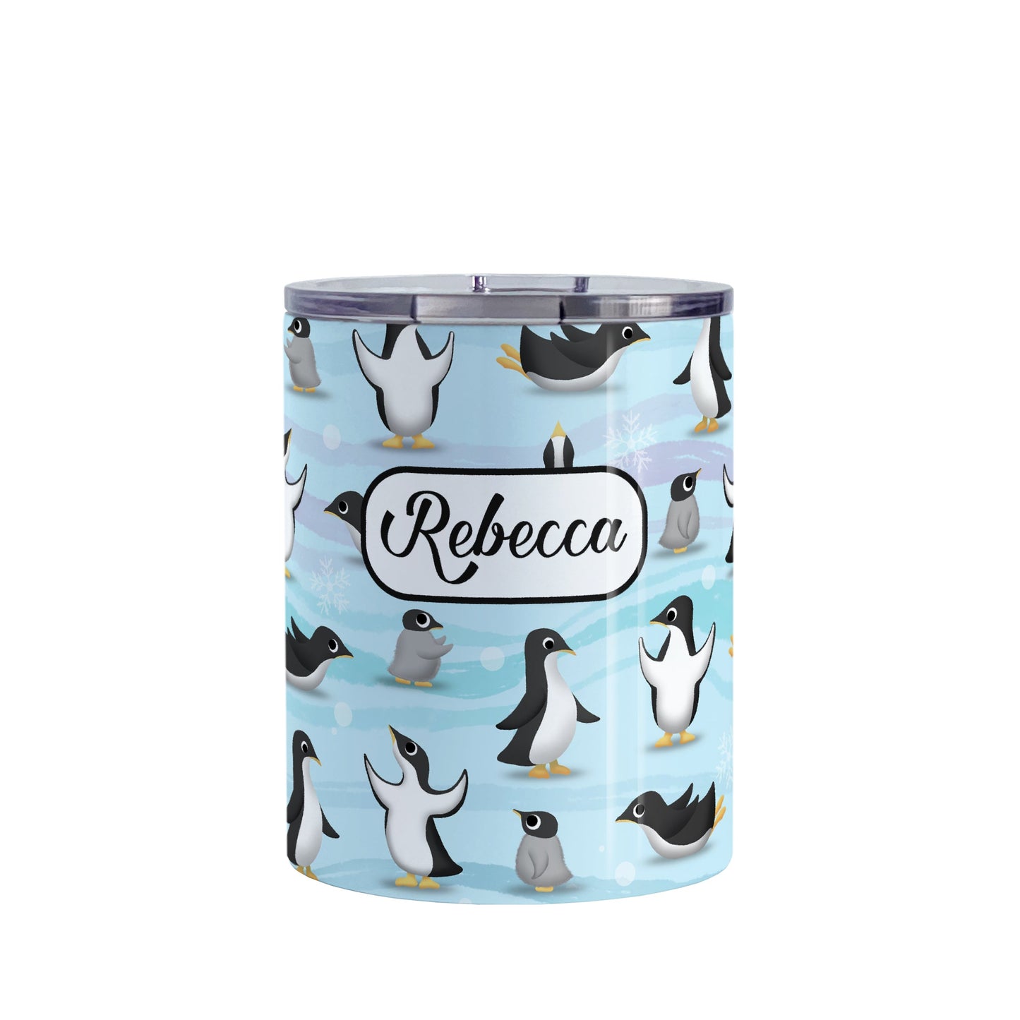 Personalized Penguin Parade Pattern Tumbler Cup (10oz, stainless steel insulated) at Amy's Coffee Mugs. A tumbler cup designed with a fun penguin parade pattern featuring a variety of penguins and baby penguins over an Antarctic background with waves of blue accented with turquoise and purple colors with hints of snowflakes that wraps around the cup. Your name is printed in black within a white frame design over the delightful penguin parade pattern.