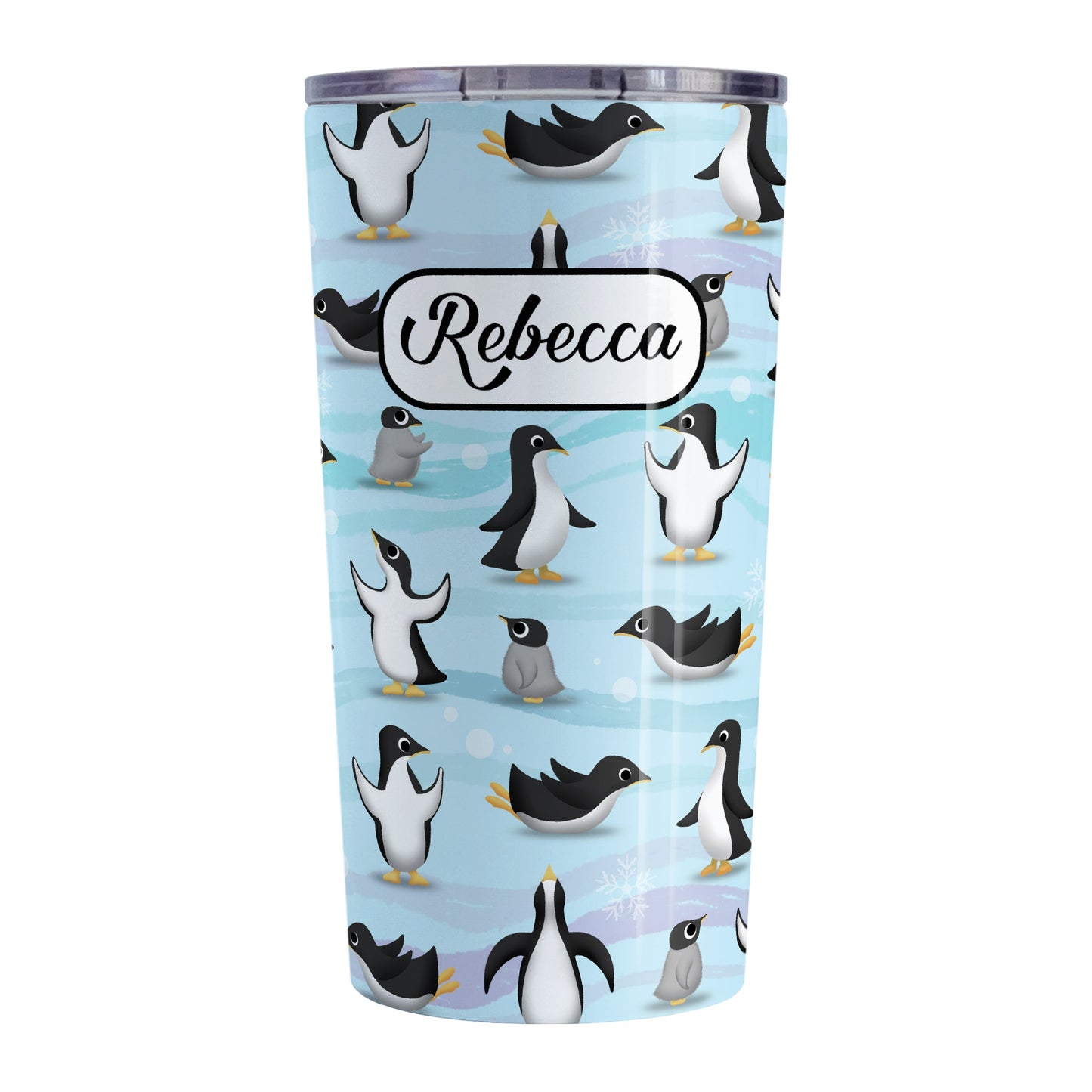 Personalized Penguin Parade Pattern Tumbler Cup (20oz, stainless steel insulated) at Amy's Coffee Mugs. A tumbler cup designed with a fun penguin parade pattern featuring a variety of penguins and baby penguins over an Antarctic background with waves of blue accented with turquoise and purple colors with hints of snowflakes that wraps around the cup. Your name is printed in black within a white frame design over the delightful penguin parade pattern.