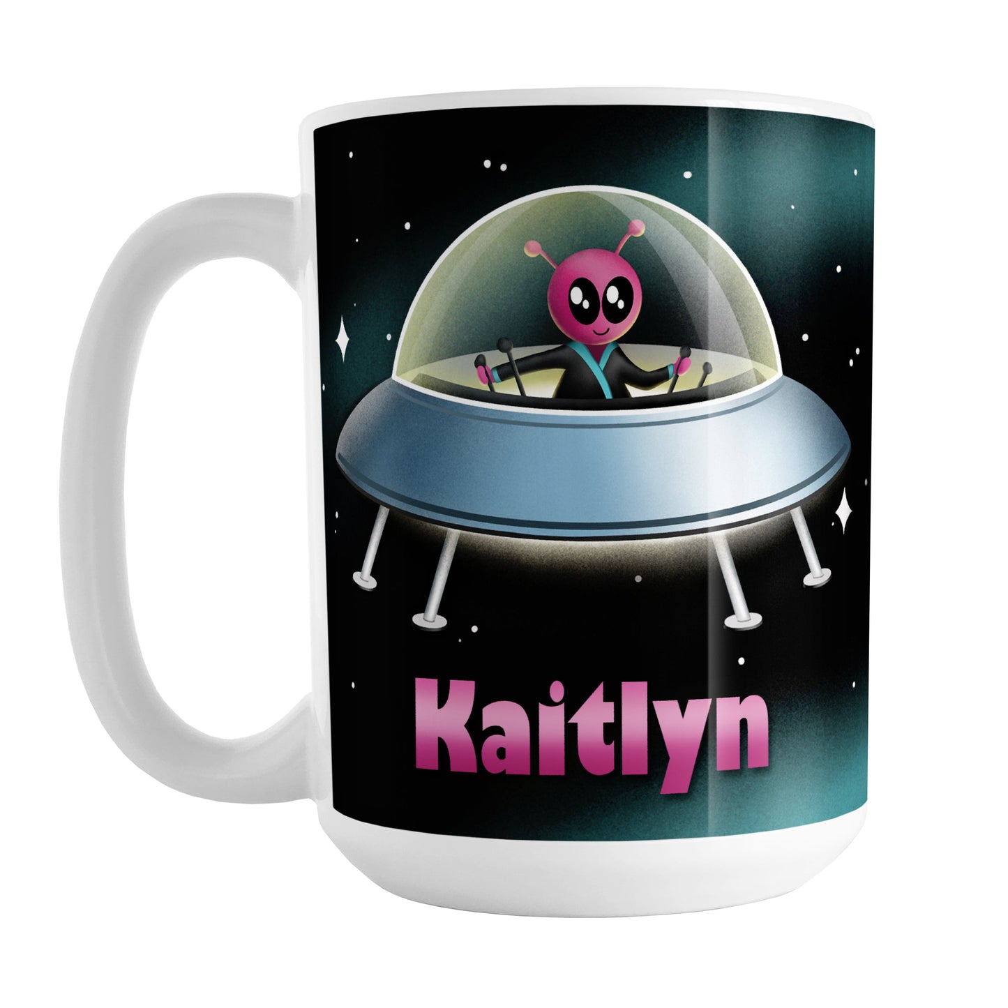 Personalized Pink Alien Spaceship Mug (15oz) at Amy's Coffee Mugs. A ceramic coffee mug designed with a unique and cute pink alien piloting a blue saucer spaceship with a glass dome, on both sides of the mug, over an outer space background that wraps around the mug up to the handle. Your personalized name is custom-printed in pink below the alien spaceship design.